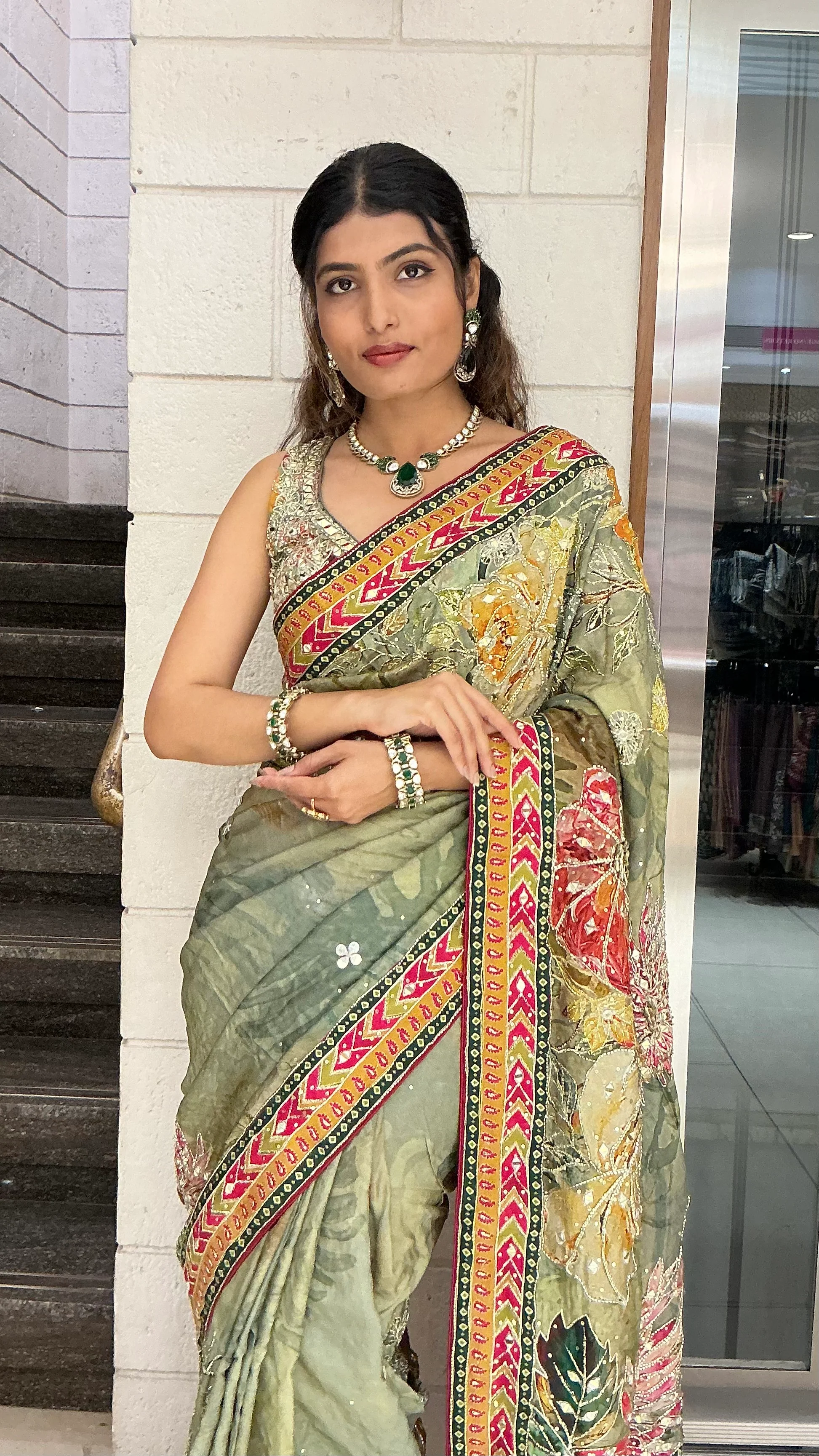 Sage Green Multicolour Floral Printed Designer Saree with Traditional Border - Image 5