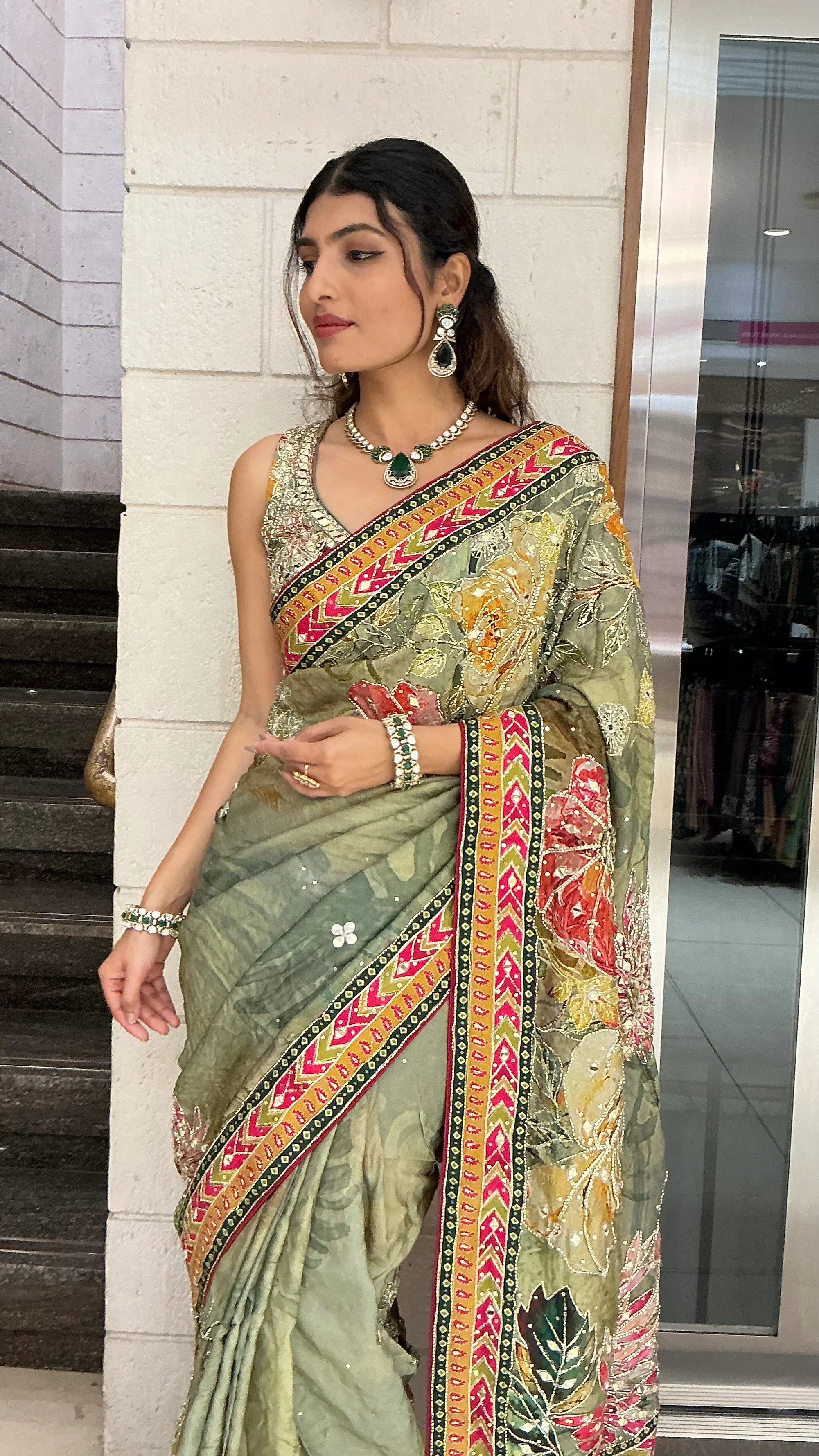 Sage Green Multicolour Floral Printed Designer Saree with Traditional Border - Image 6