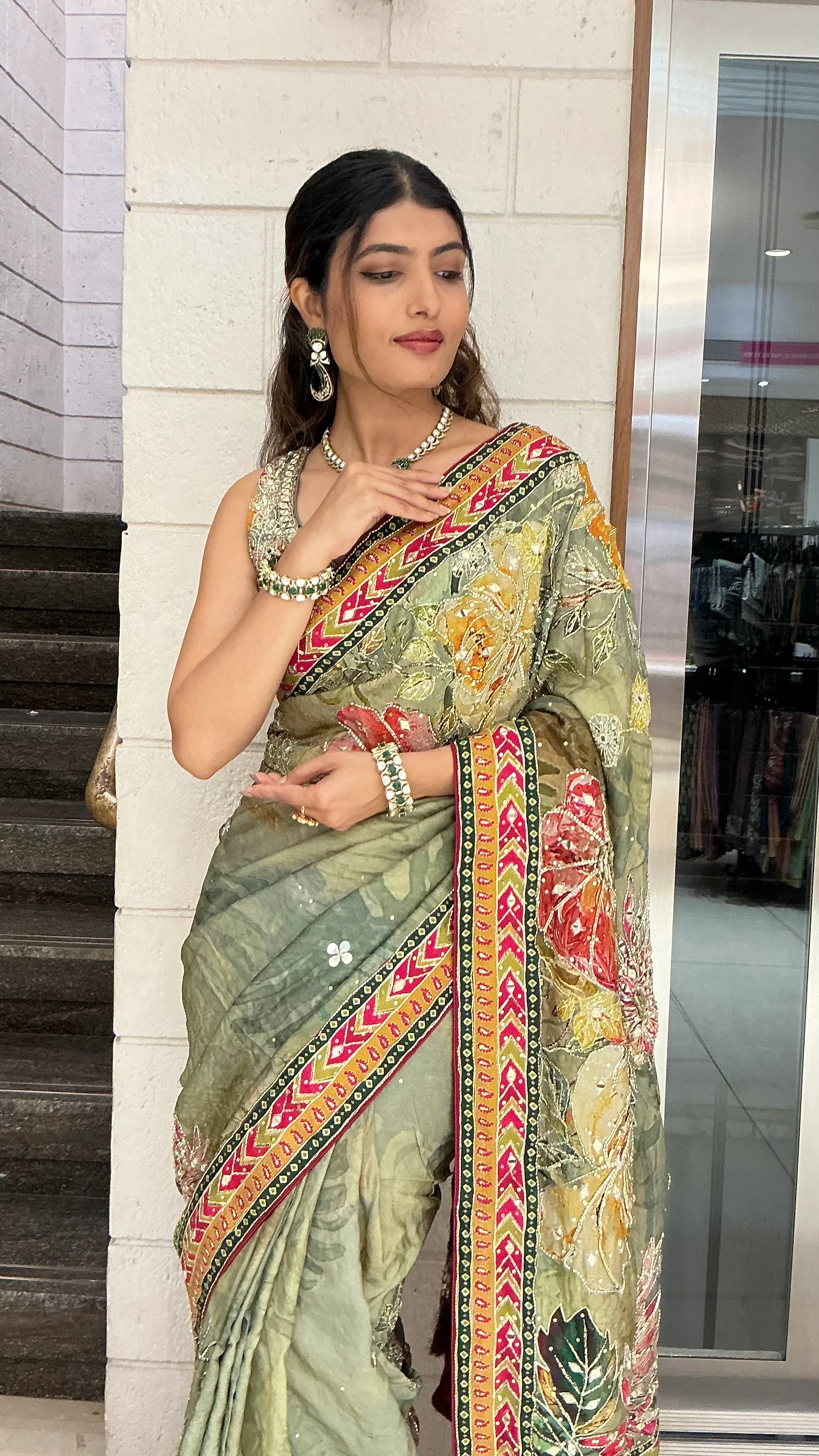 Sage Green Multicolour Floral Printed Designer Saree with Traditional Border - Image 7