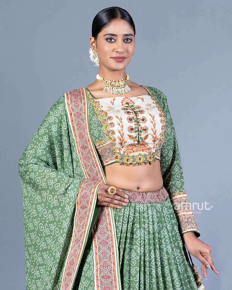 Sage Green Pleated Lehenga with Embroidered Choli and Dupatta - Image 2