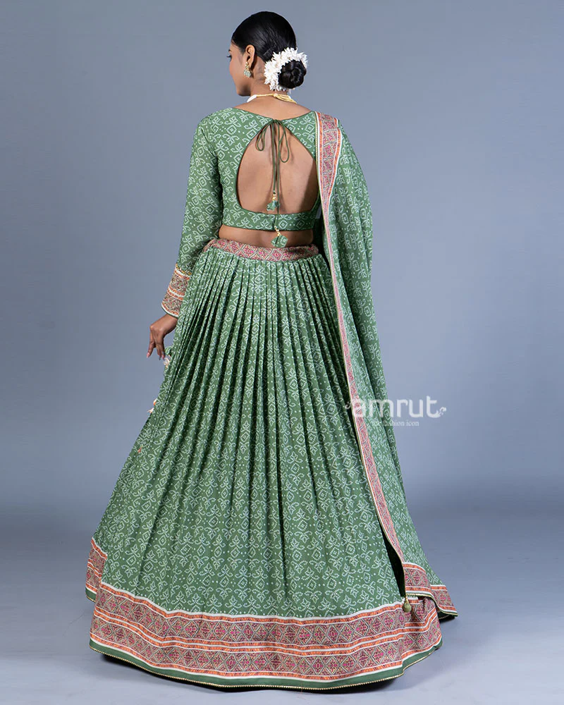 Sage Green Pleated Lehenga with Embroidered Choli and Dupatta - Image 3