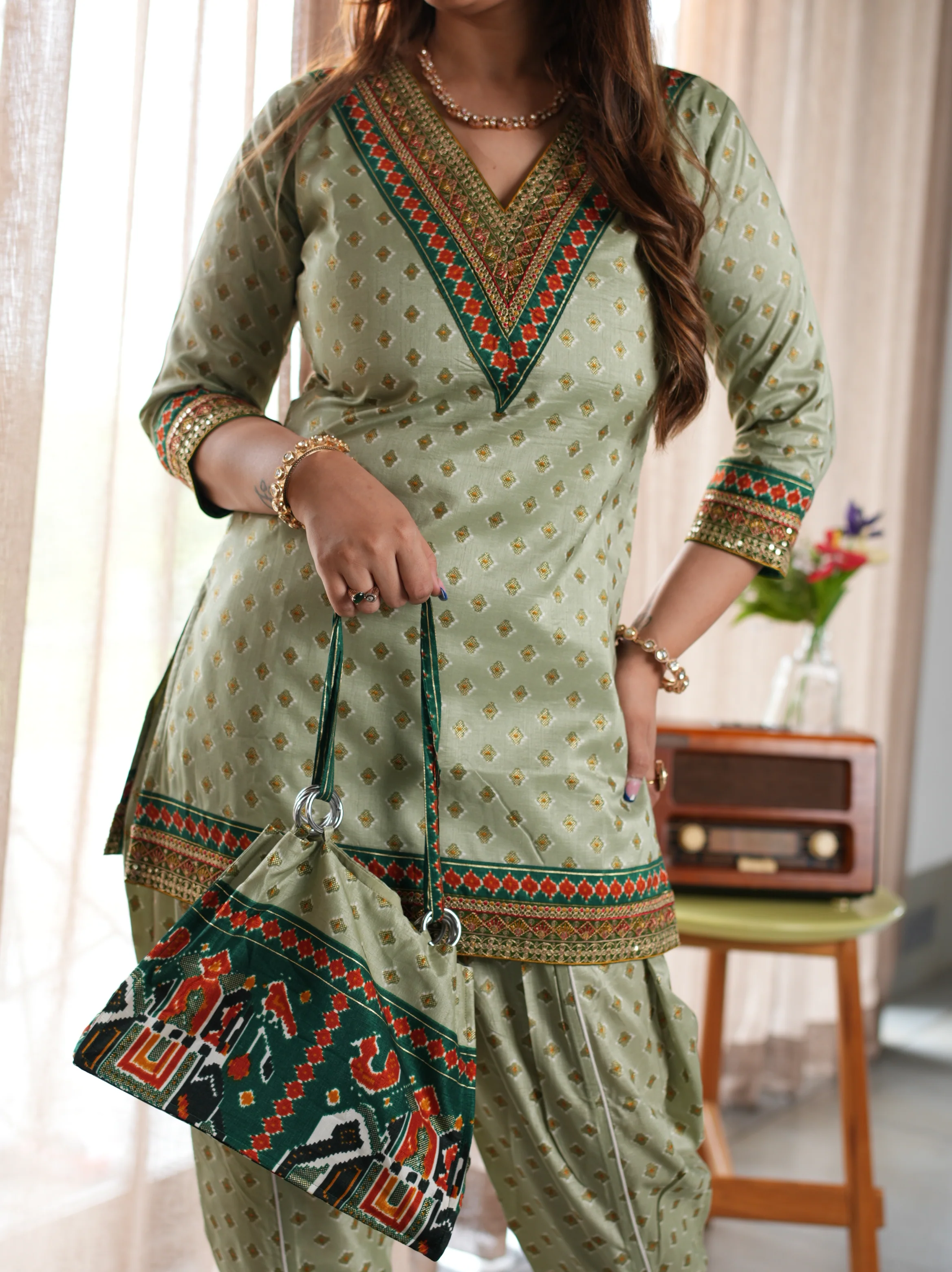 Sage Green Printed Cotton Ethnic Suit Set with Matching Handbag - Image 3