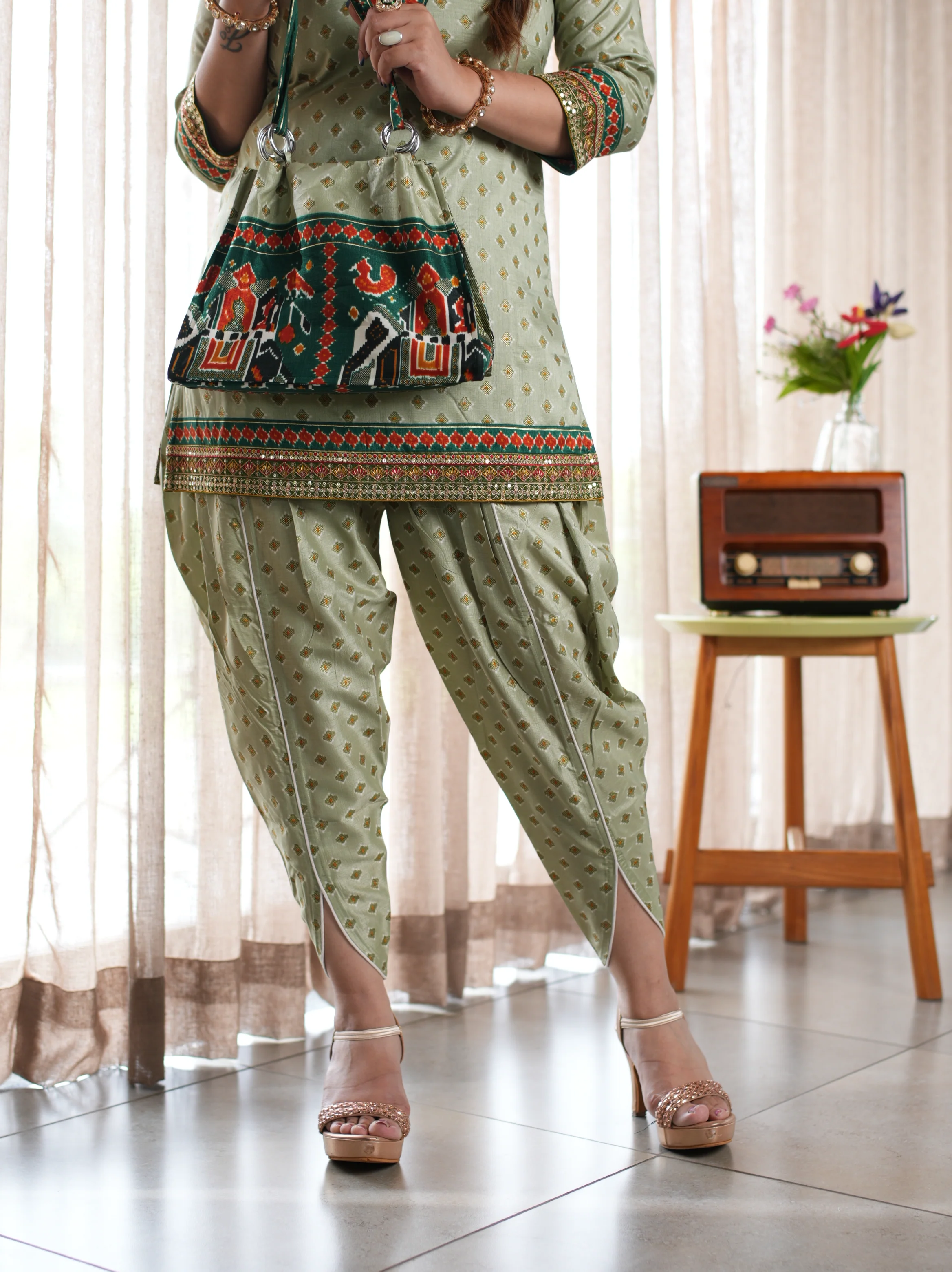 Sage Green Printed Cotton Ethnic Suit Set with Matching Handbag - Image 4