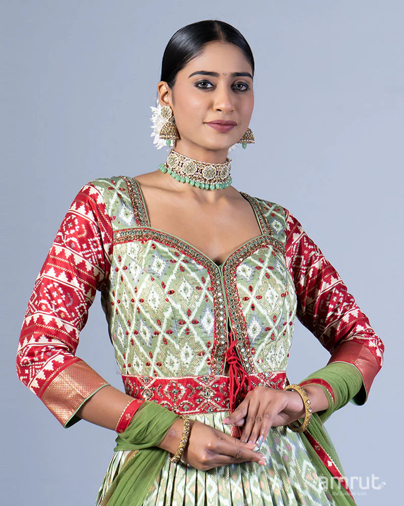 Sage Green Printed Gown with Golden-Red Detailing and Dupatta - Image 2