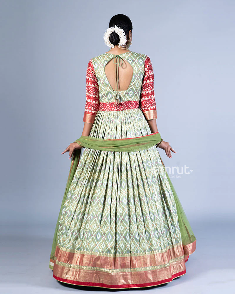 Sage Green Printed Gown with Golden-Red Detailing and Dupatta - Image 3