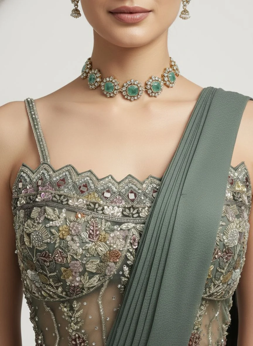 Sage Green Ready-to-Wear Saree with Hand-Embroidered Bustier - Image 3