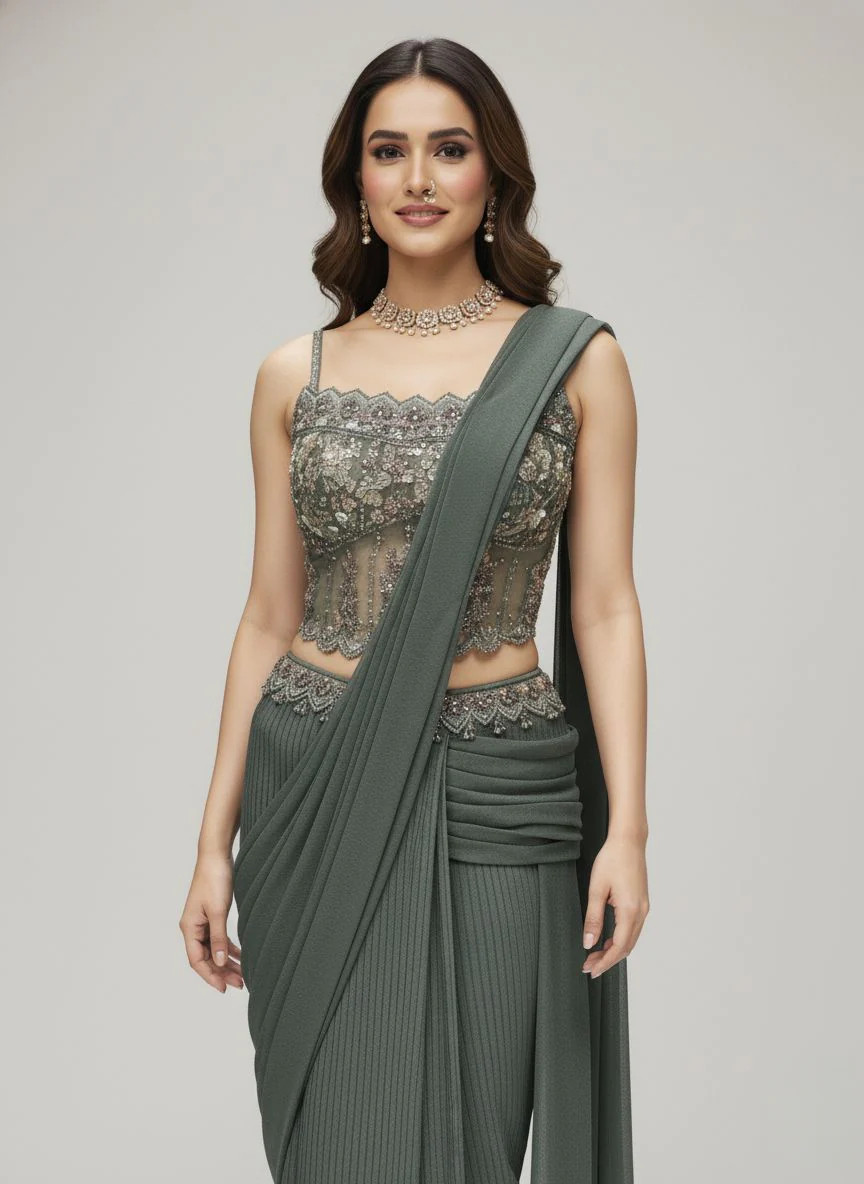 Sage Green Ready-to-Wear Saree with Hand-Embroidered Bustier - Image 4