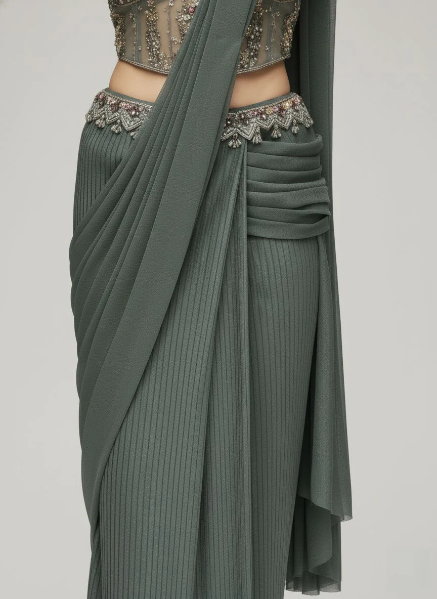 Sage Green Ready-to-Wear Saree with Hand-Embroidered Bustier - Image 5