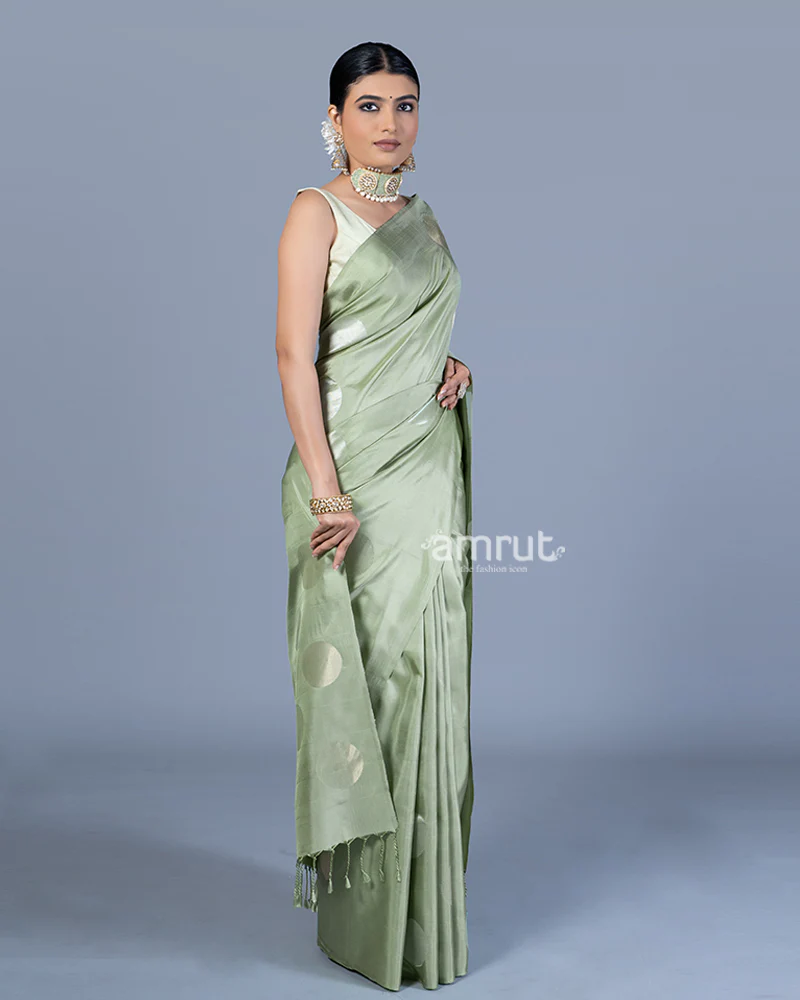 Sage Green with Round-Shaped Zari Woven Detailing Saree with Unstitched Blouse - Image 4