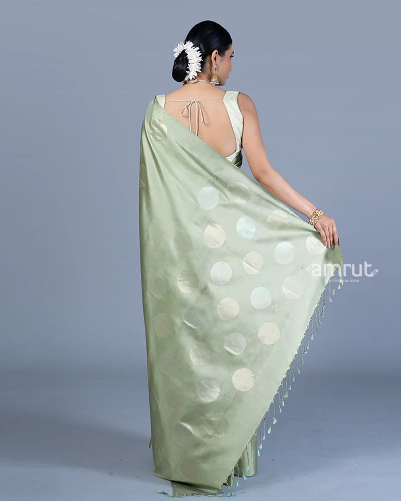 Sage Green with Round-Shaped Zari Woven Detailing Saree with Unstitched Blouse - Image 5