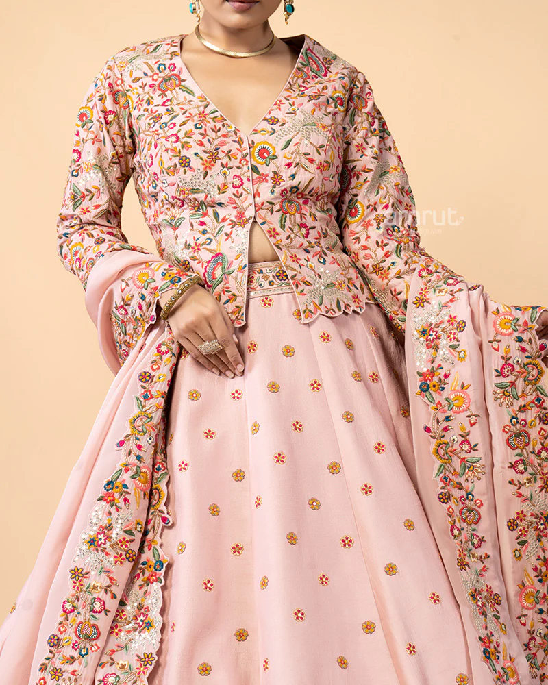 Salmon Pink Lehenga with Short Jacket Style Choli Embellished with Satin Stitch - Image 3