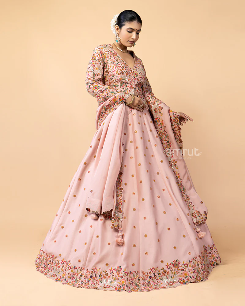 Salmon Pink Lehenga with Short Jacket Style Choli Embellished with Satin Stitch - Image 4