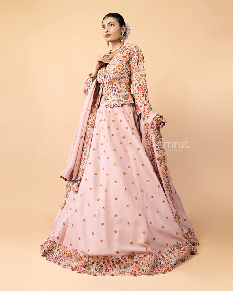 Salmon Pink Lehenga with Short Jacket Style Choli Embellished with Satin Stitch - Image 5