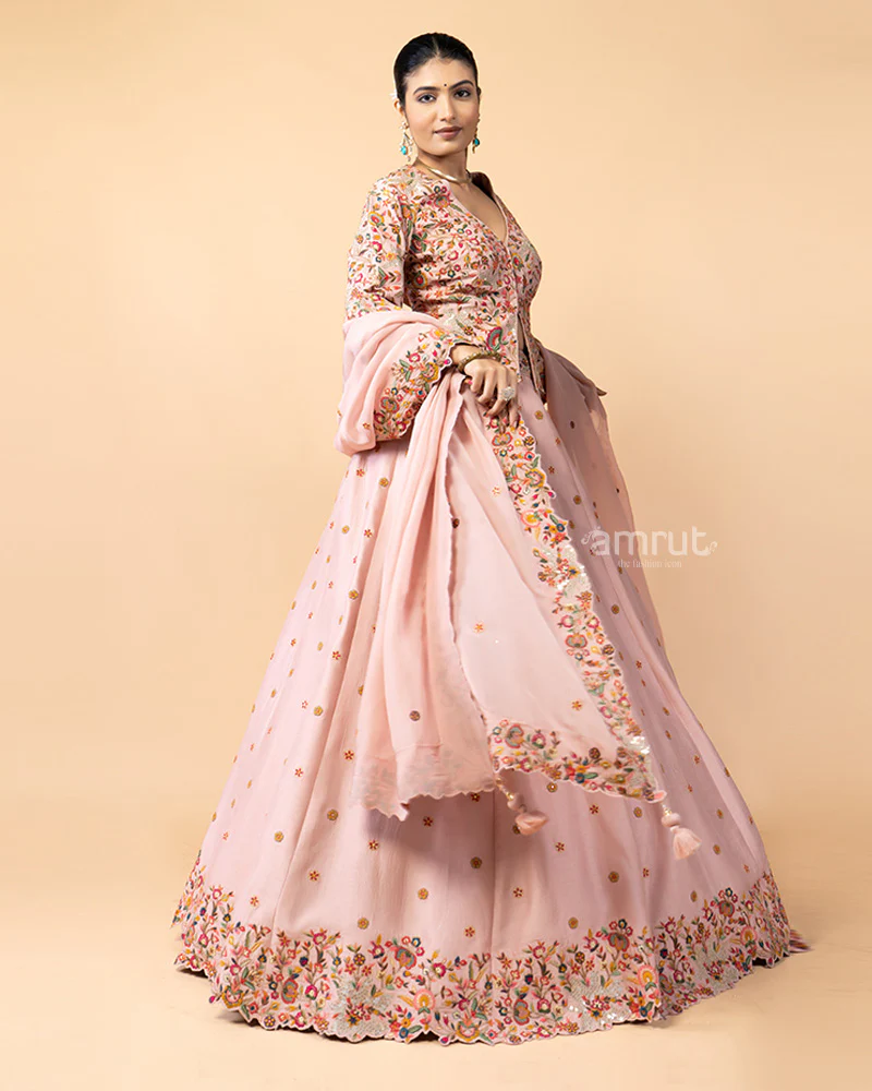 Salmon Pink Lehenga with Short Jacket Style Choli Embellished with Satin Stitch - Image 6