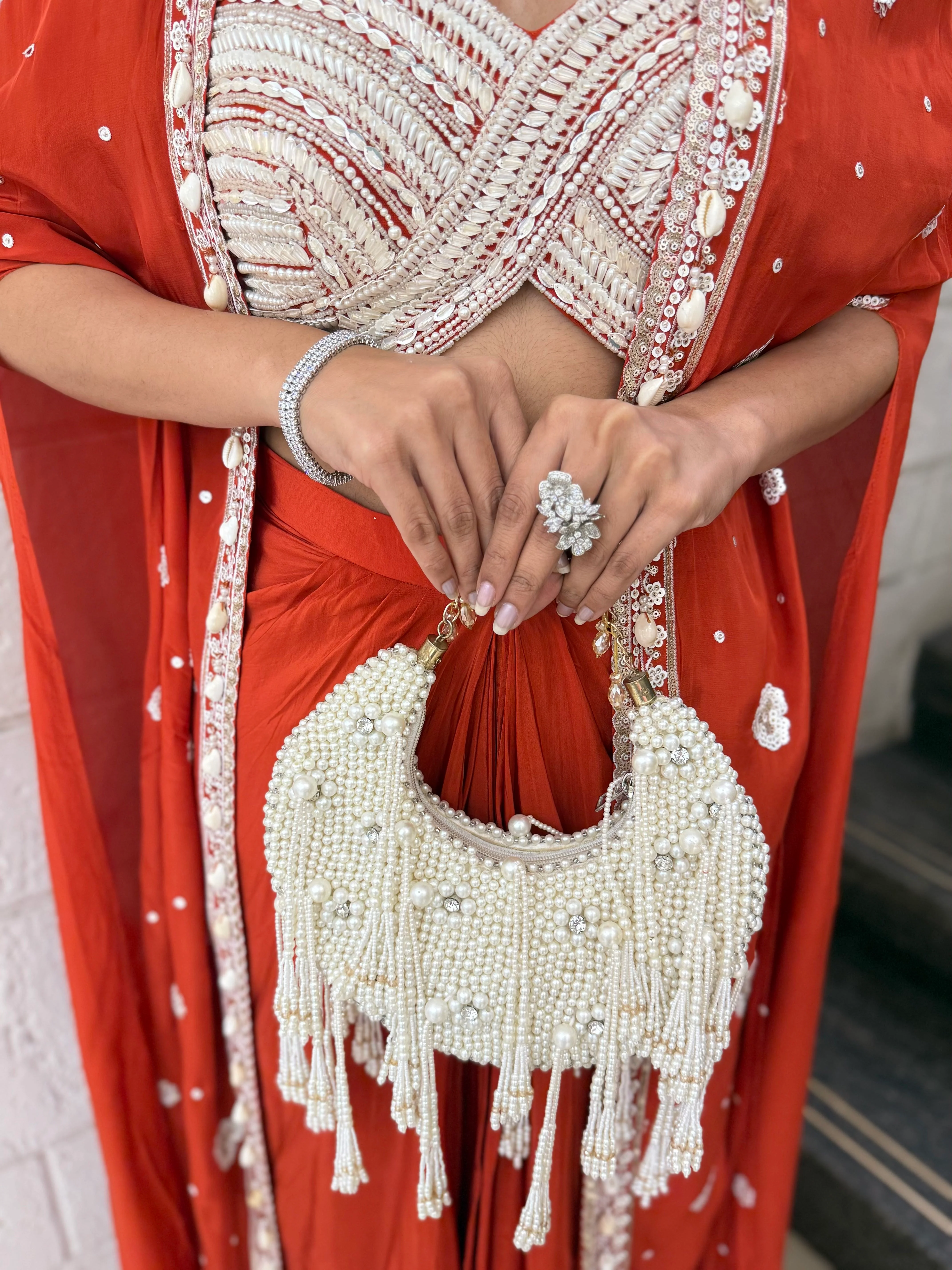 Scarlet Red Indo-Western Cape Set with Ivory Hand-Beaded Bustier - Image 2