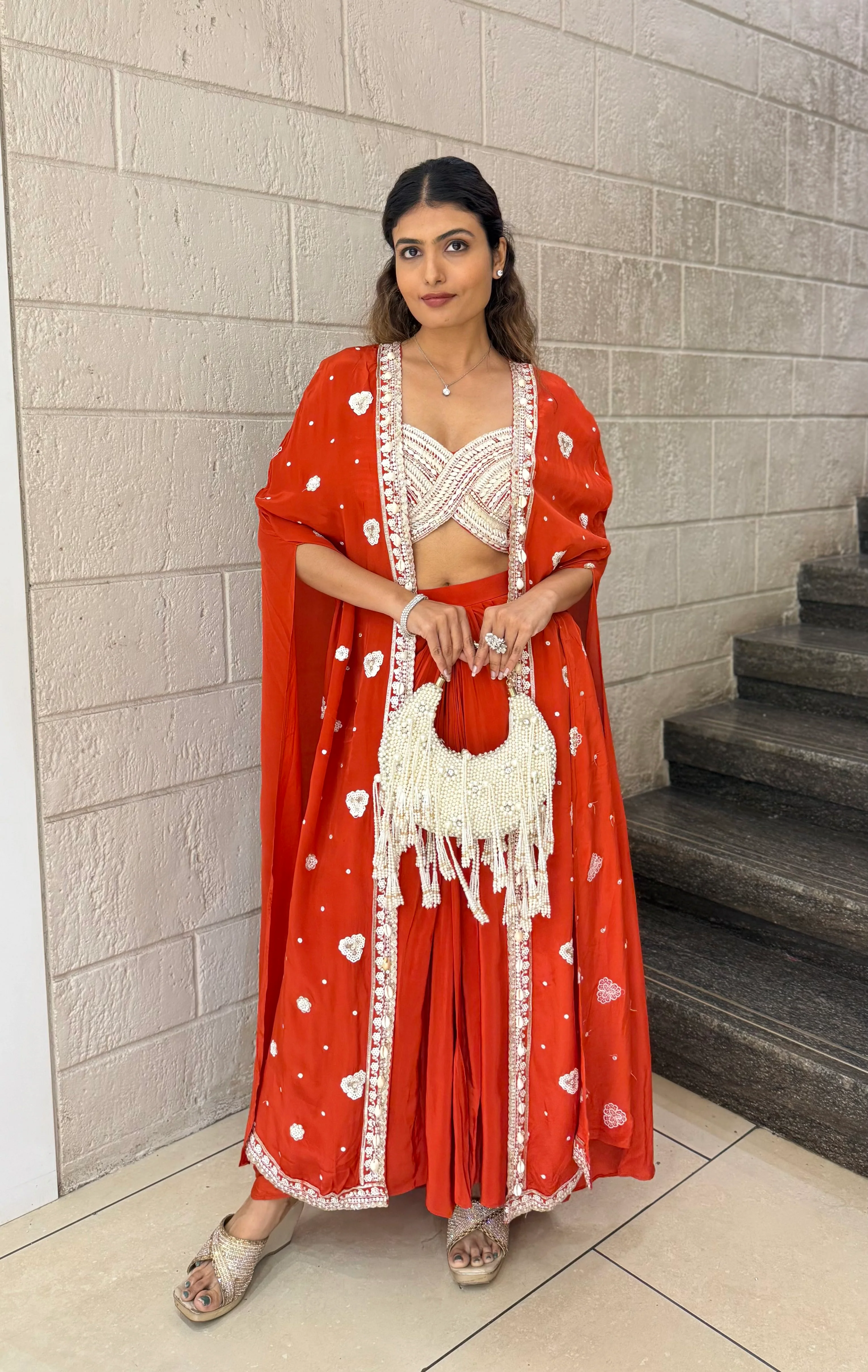 Scarlet Red Indo-Western Cape Set with Ivory Hand-Beaded Bustier - Image 3