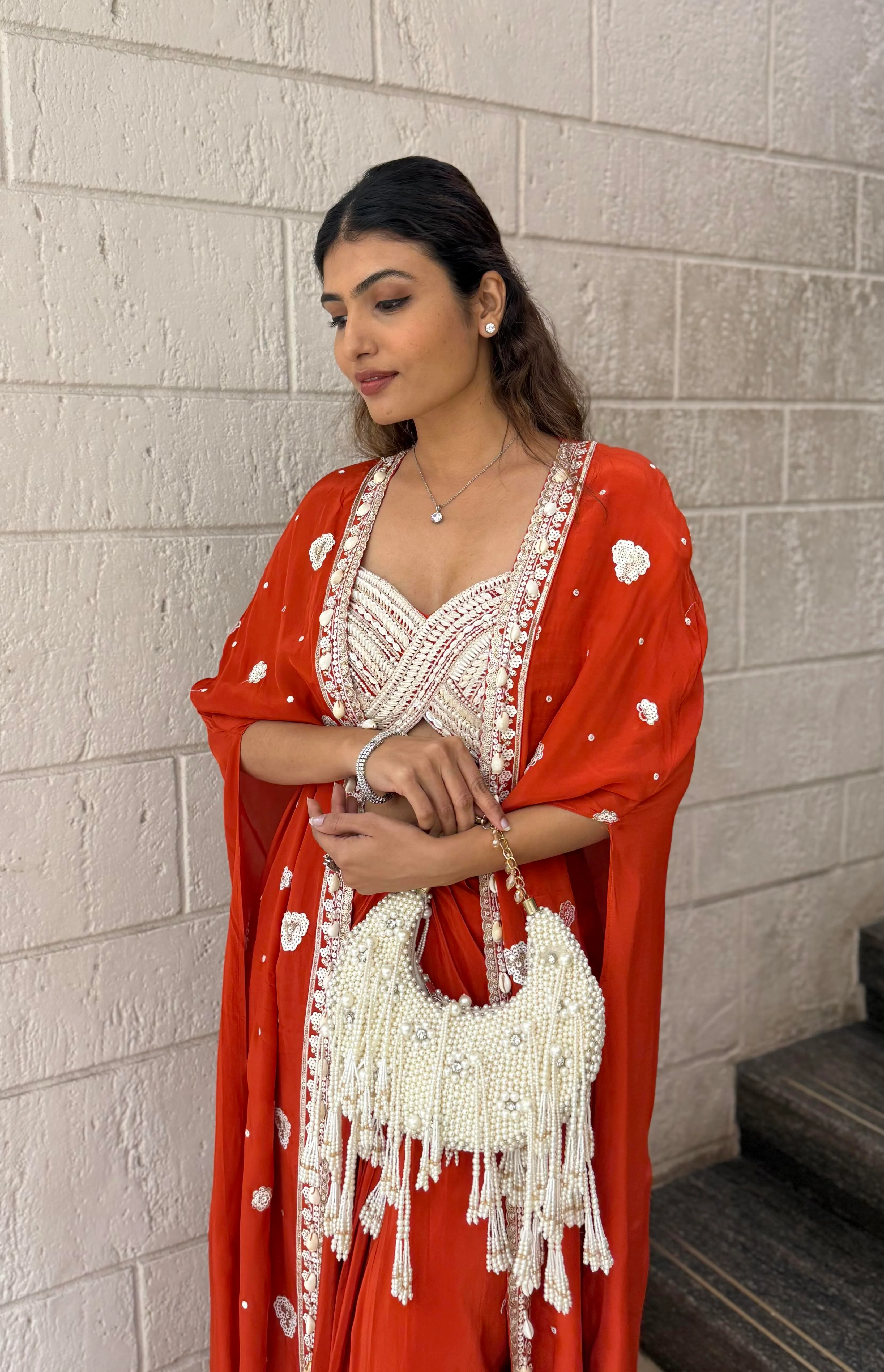 Scarlet Red Indo-Western Cape Set with Ivory Hand-Beaded Bustier - Image 4