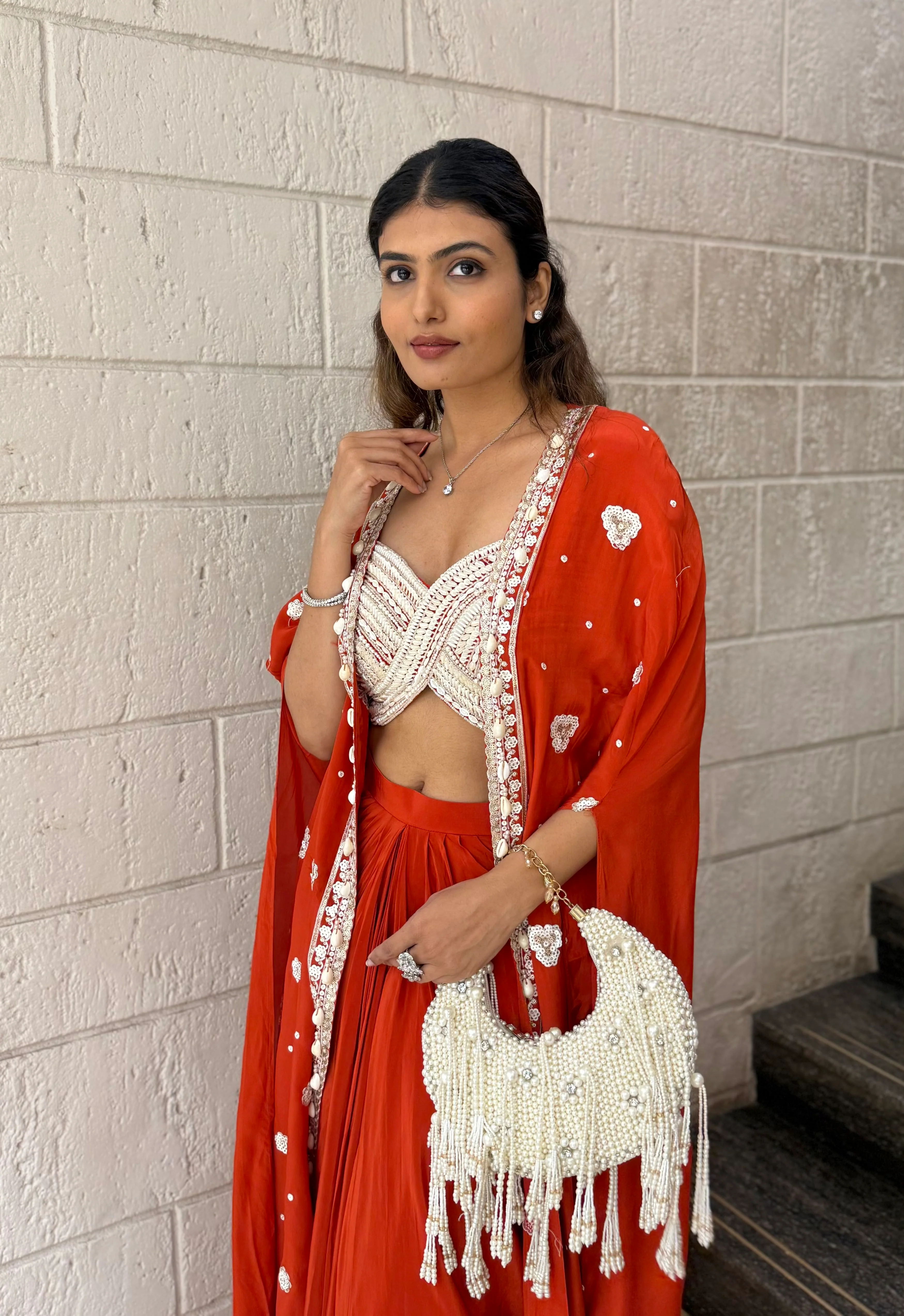 Scarlet Red Indo-Western Cape Set with Ivory Hand-Beaded Bustier - Image 5