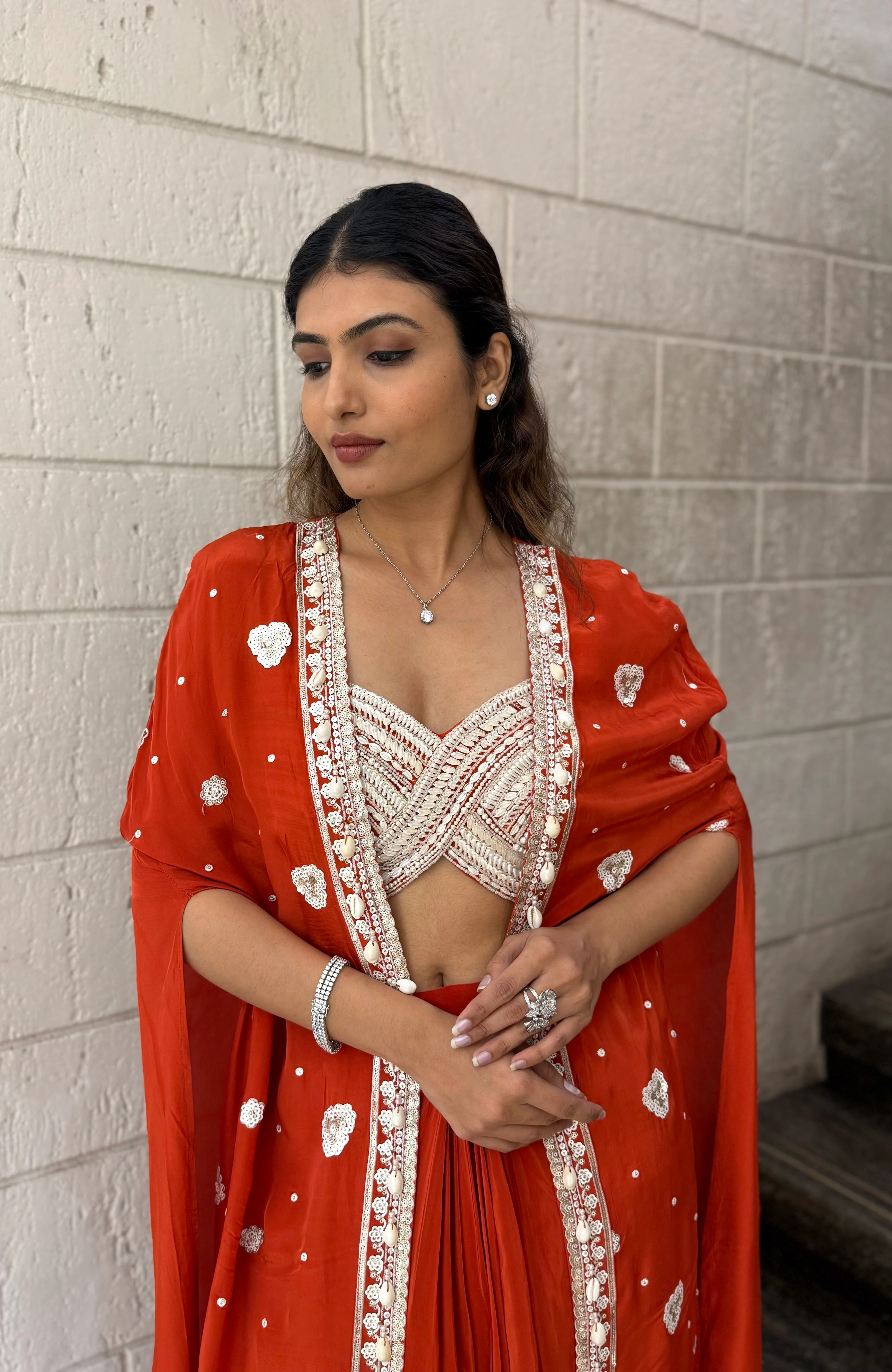 Scarlet Red Indo-Western Cape Set with Ivory Hand-Beaded Bustier - Image 6