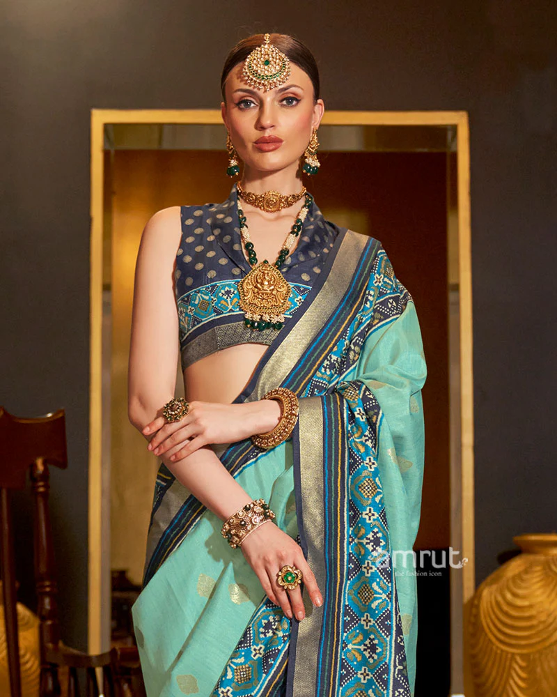 Sea Green and Blue Printed Border Traditional Saree with Unstitched Blouse - Image 2