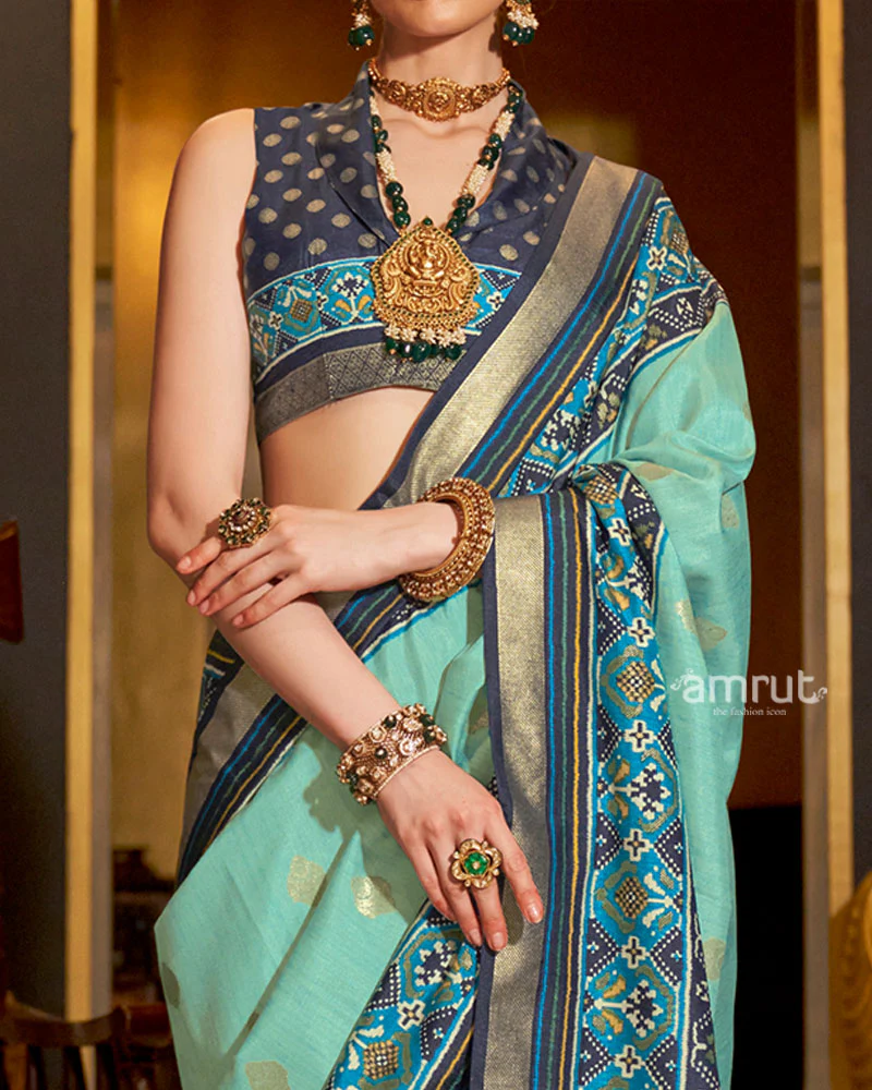Sea Green and Blue Printed Border Traditional Saree with Unstitched Blouse - Image 3