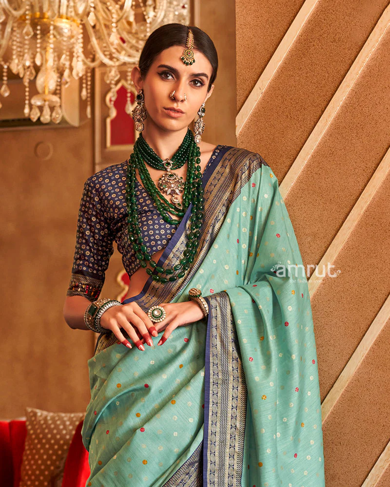 Sea Green and Navy Blue Foil Printed Patola Saree with Unstitched Blouse - Image 2