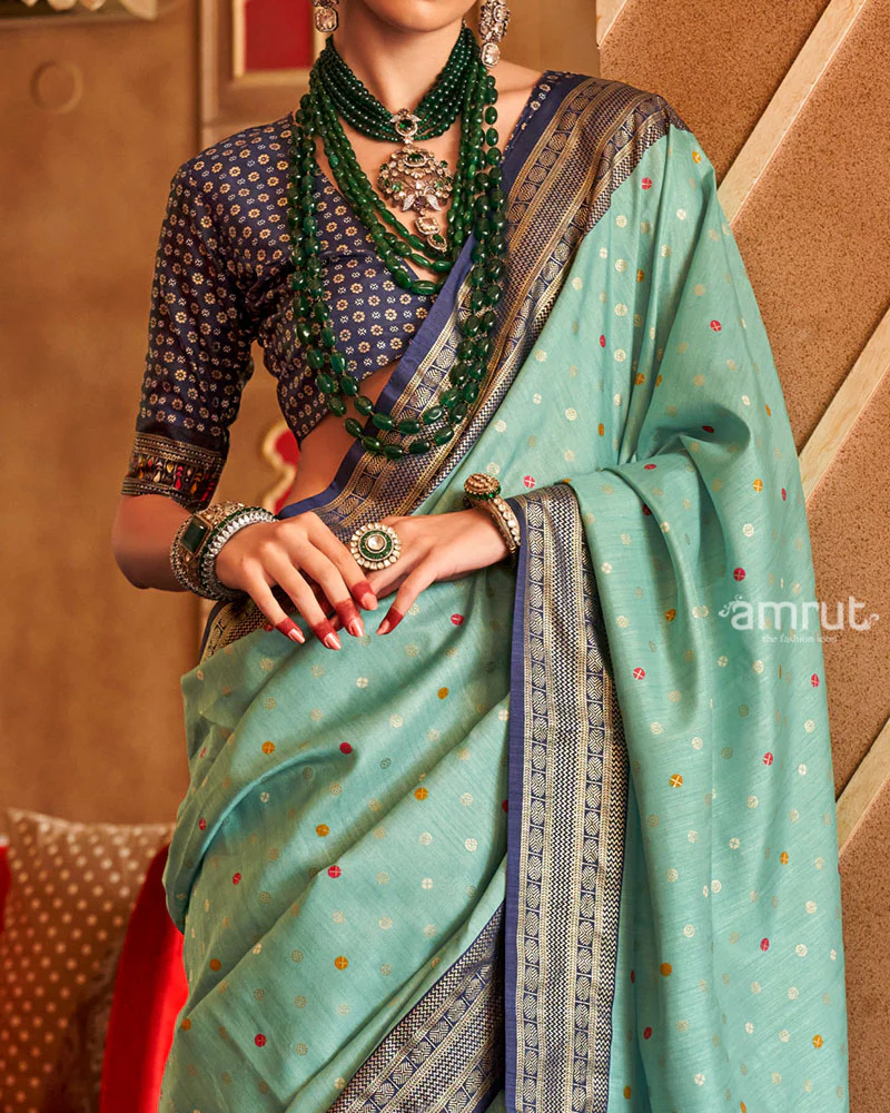 Sea Green and Navy Blue Foil Printed Patola Saree with Unstitched Blouse - Image 3
