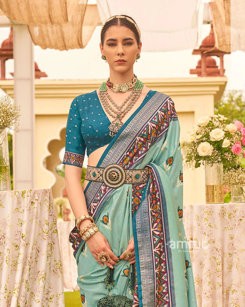 Sea Green and Teal Printed Patola Silk Saree with Zari Border and Unstitched Blouse - Image 2