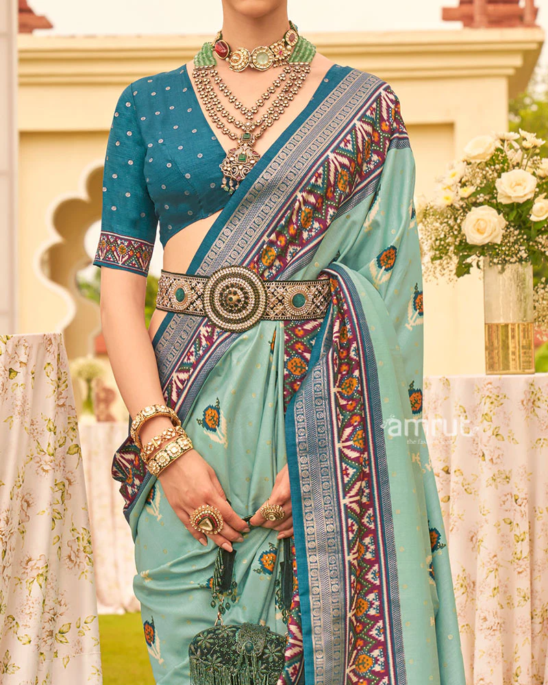 Sea Green and Teal Printed Patola Silk Saree with Zari Border and Unstitched Blouse - Image 3