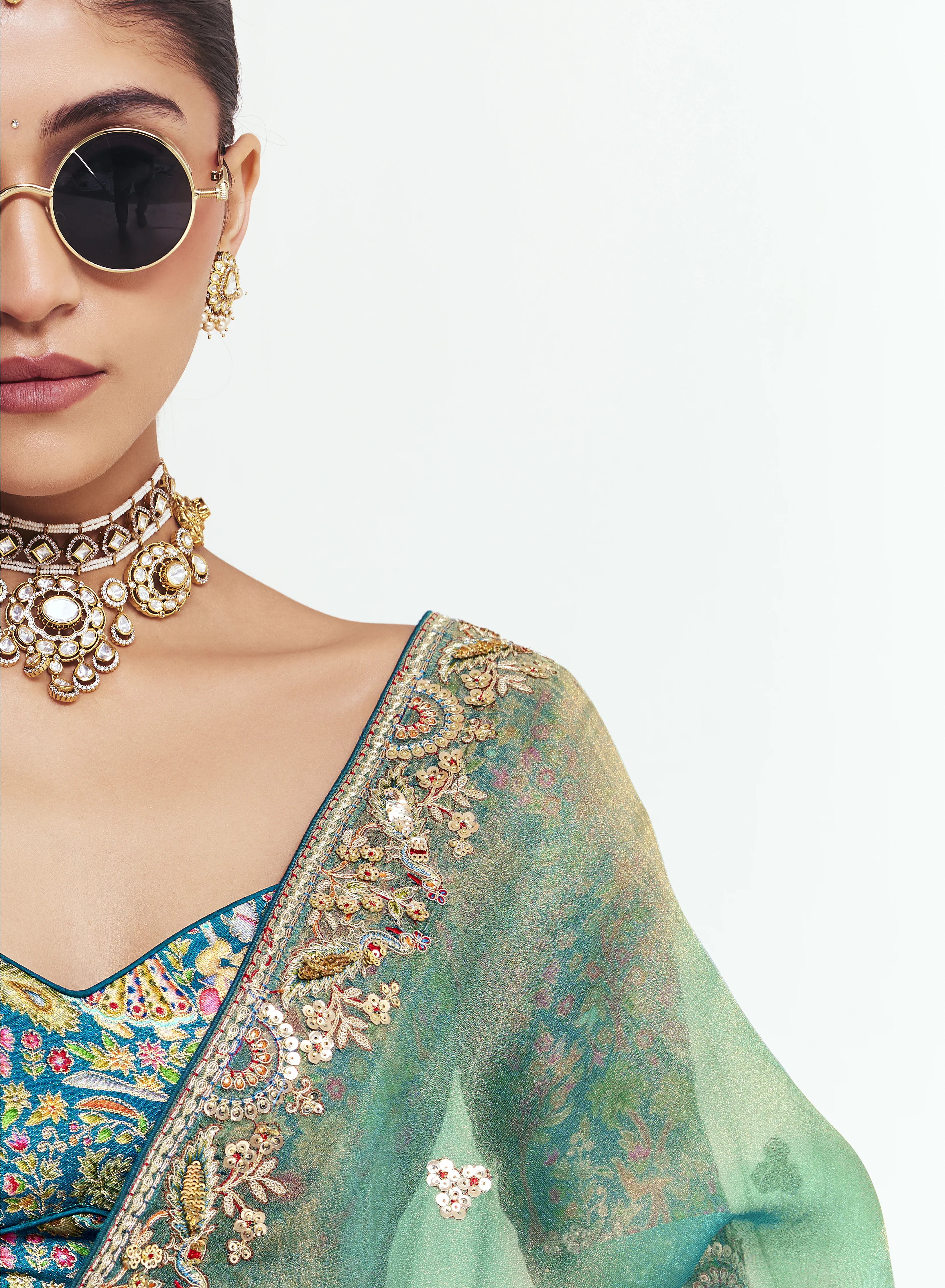 Sea Green Georgette Saree with Heavy Embroidered Border - Image 2