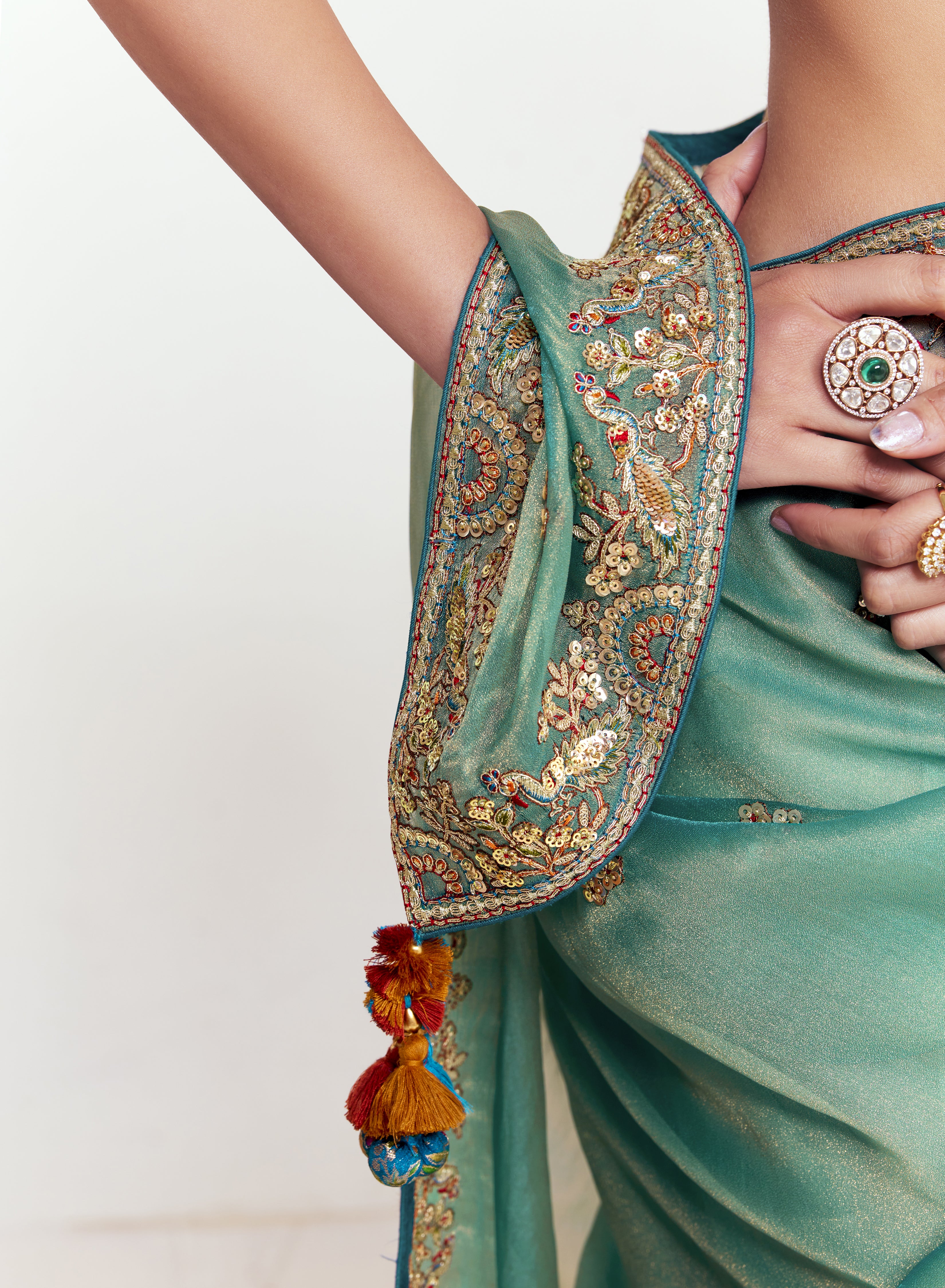 Sea Green Georgette Saree with Heavy Embroidered Border - Image 3