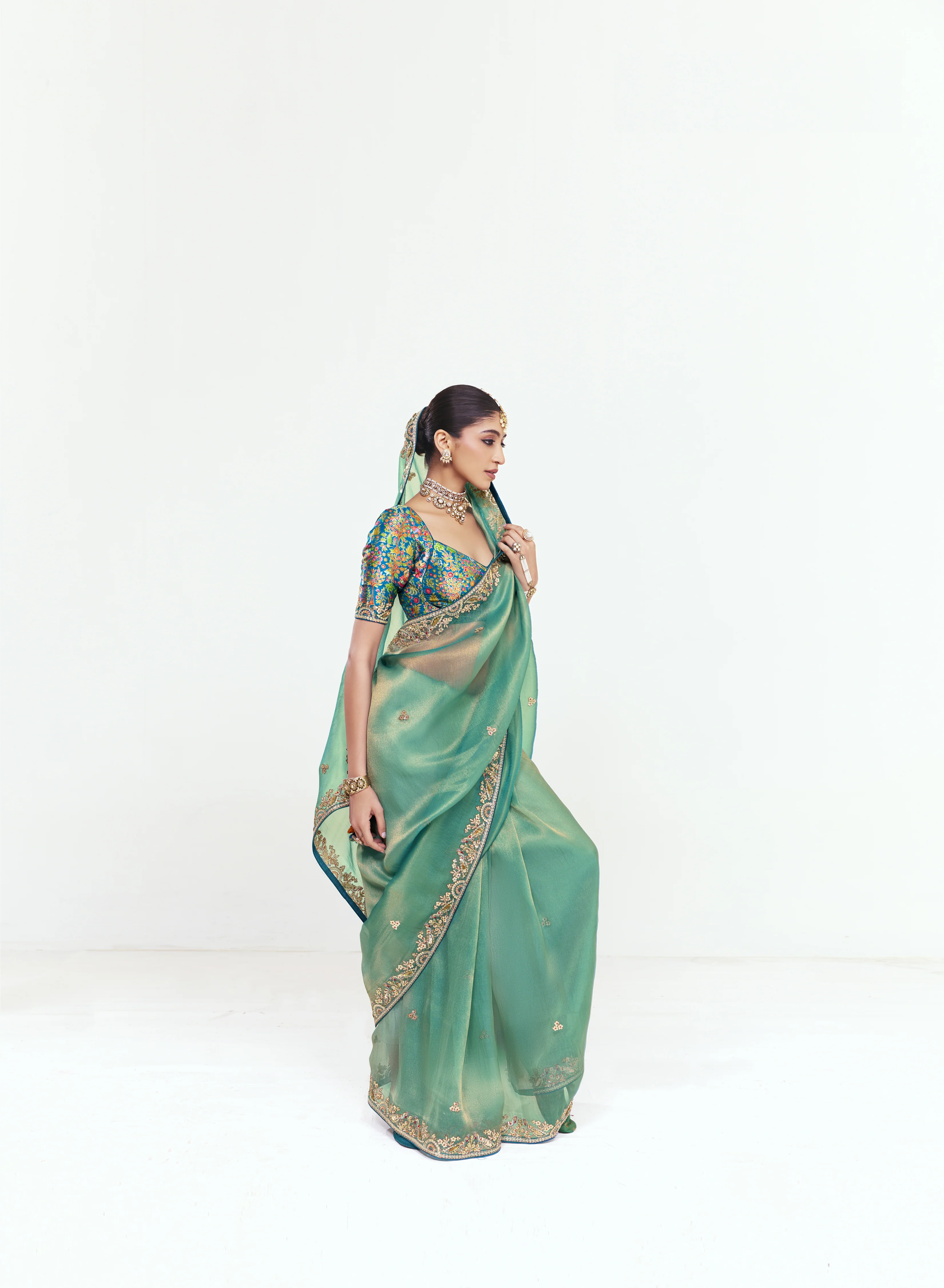 Sea Green Georgette Saree with Heavy Embroidered Border - Image 6