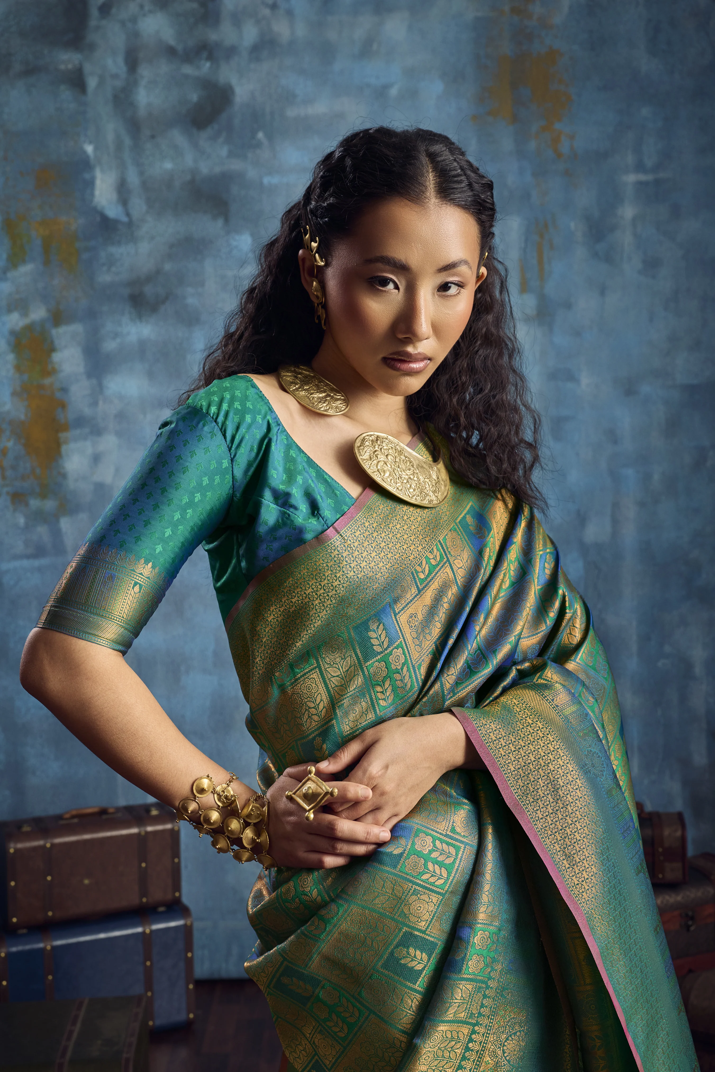 Sea Green Handloom Silk Saree with Gold Zari Weaving - Image 2
