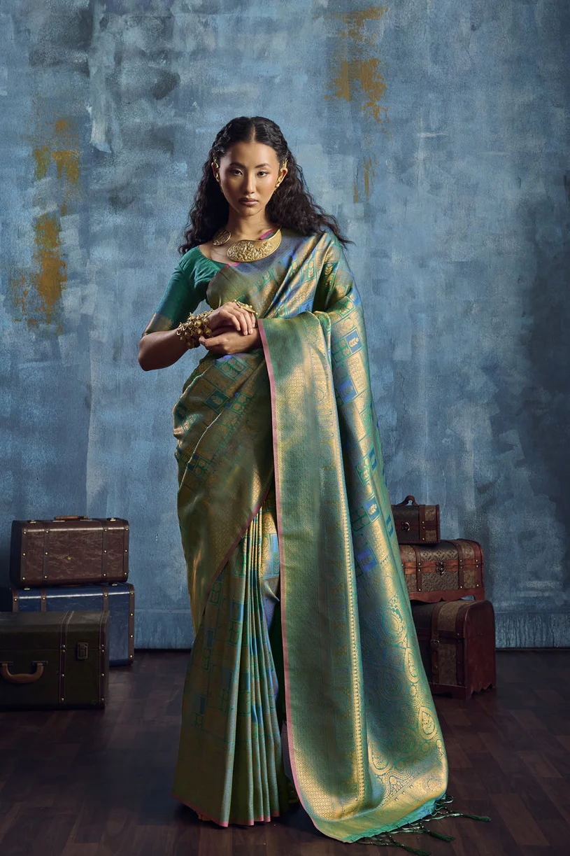 Sea Green Handloom Silk Saree with Gold Zari Weaving - Image 3