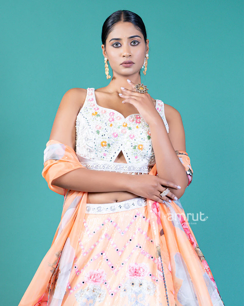 Sequin-Embellished Lehenga Choli with Floral Embroidery and Translucent Peach Dupatta - Image 2