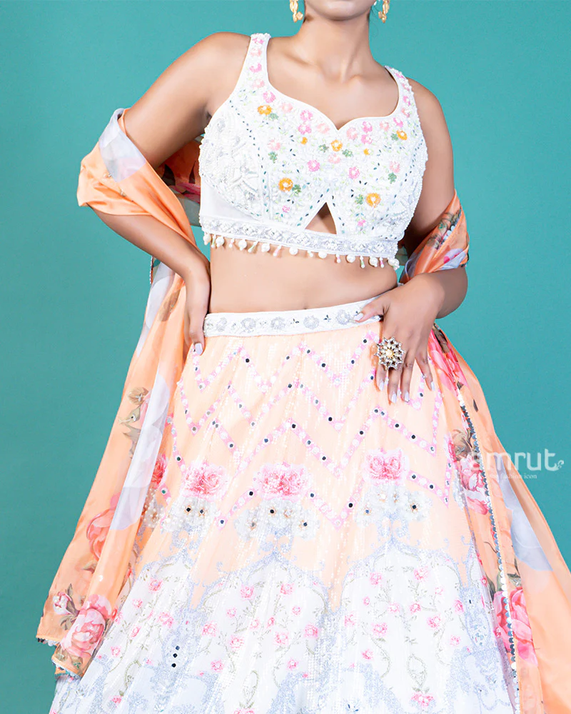 Sequin-Embellished Lehenga Choli with Floral Embroidery and Translucent Peach Dupatta - Image 3