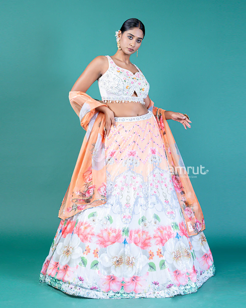Sequin-Embellished Lehenga Choli with Floral Embroidery and Translucent Peach Dupatta - Image 4
