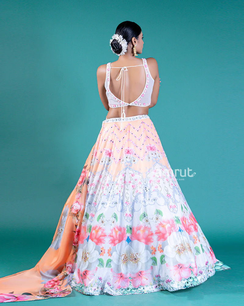 Sequin-Embellished Lehenga Choli with Floral Embroidery and Translucent Peach Dupatta - Image 5