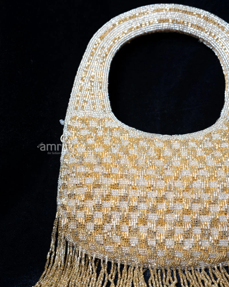 Shimmering Golden Beaded with Circular Handle and Fringe Detailing Handbag - Image 2