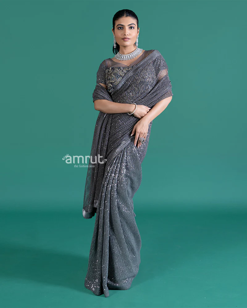 Shimmering Gray Net Saree with Sparkling Sequins and Embroidered Blouse - Image 2