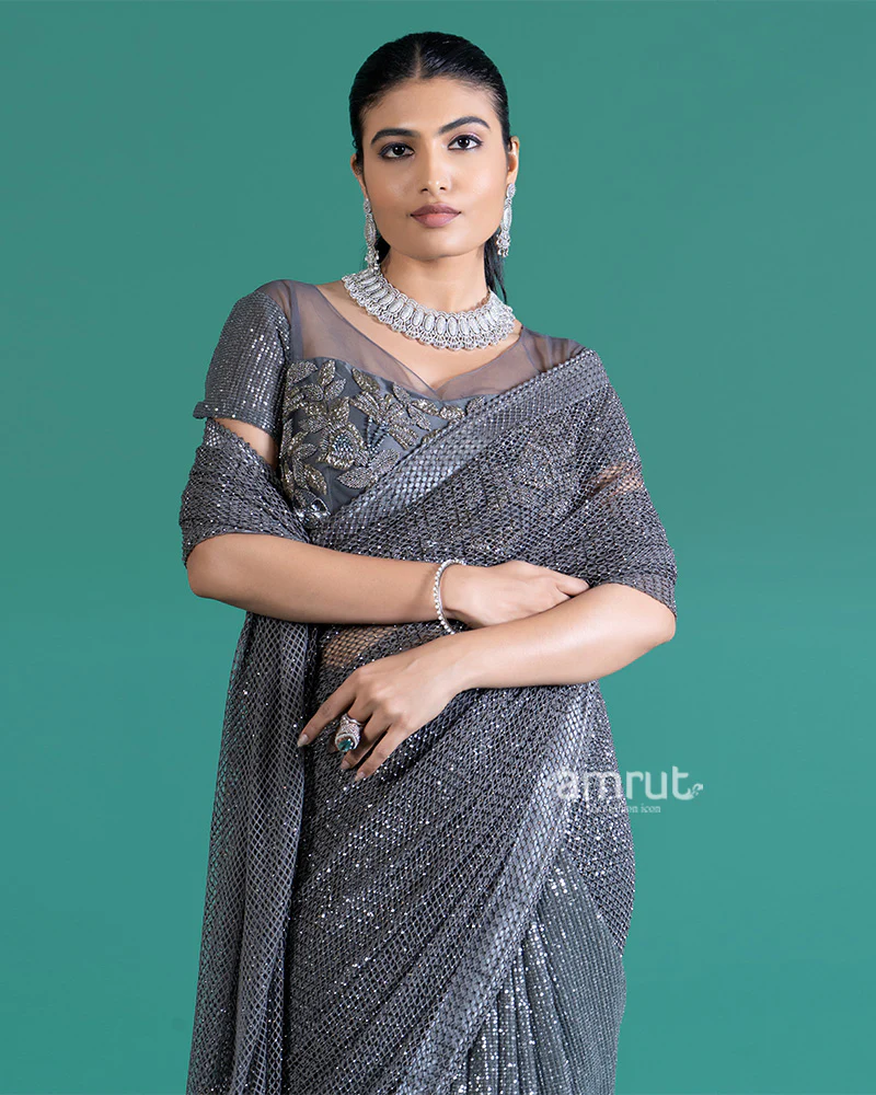 Shimmering Gray Net Saree with Sparkling Sequins and Embroidered Blouse - Image 3