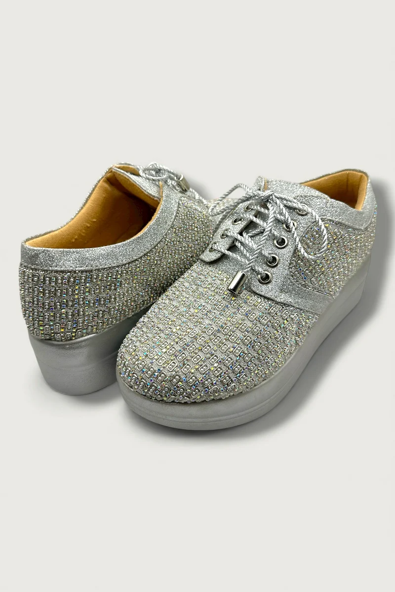 Silver Crystal-Embellished Platform Sneakers – Designer Festive Footwear - Image 2