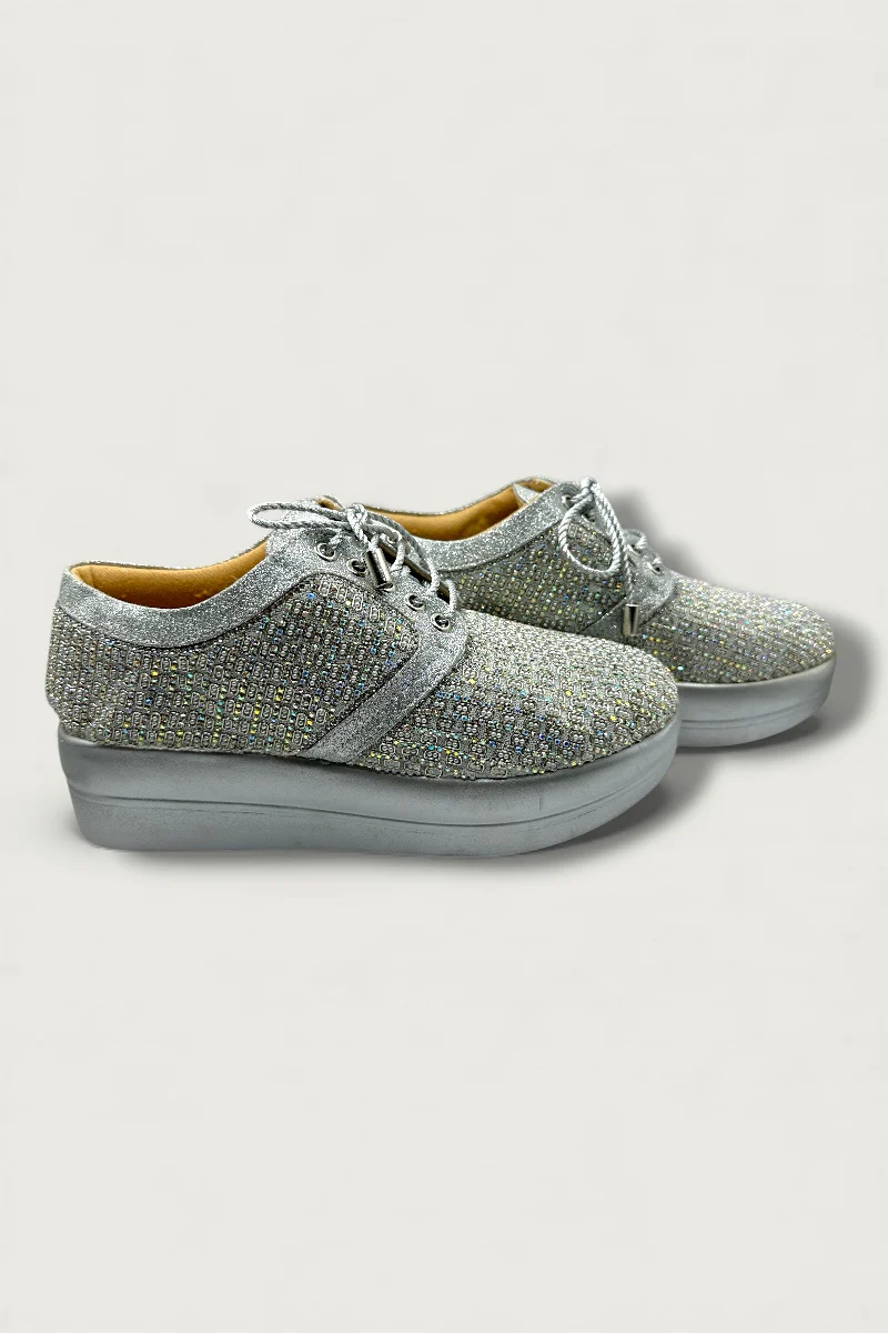 Silver Crystal-Embellished Platform Sneakers – Designer Festive Footwear - Image 3