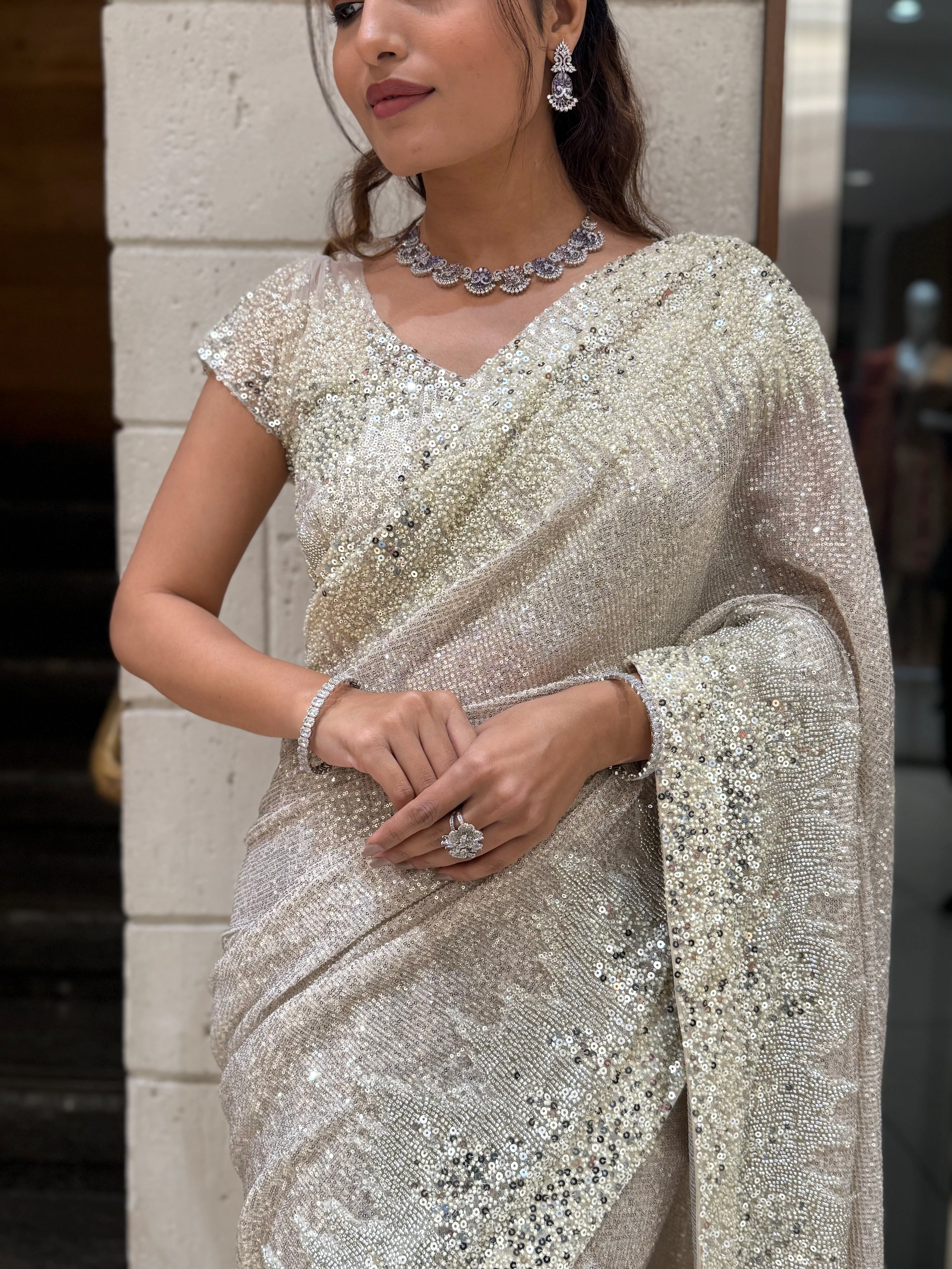 Silver Designer Sequin Saree with Heavy Embellished Blouse - Image 2