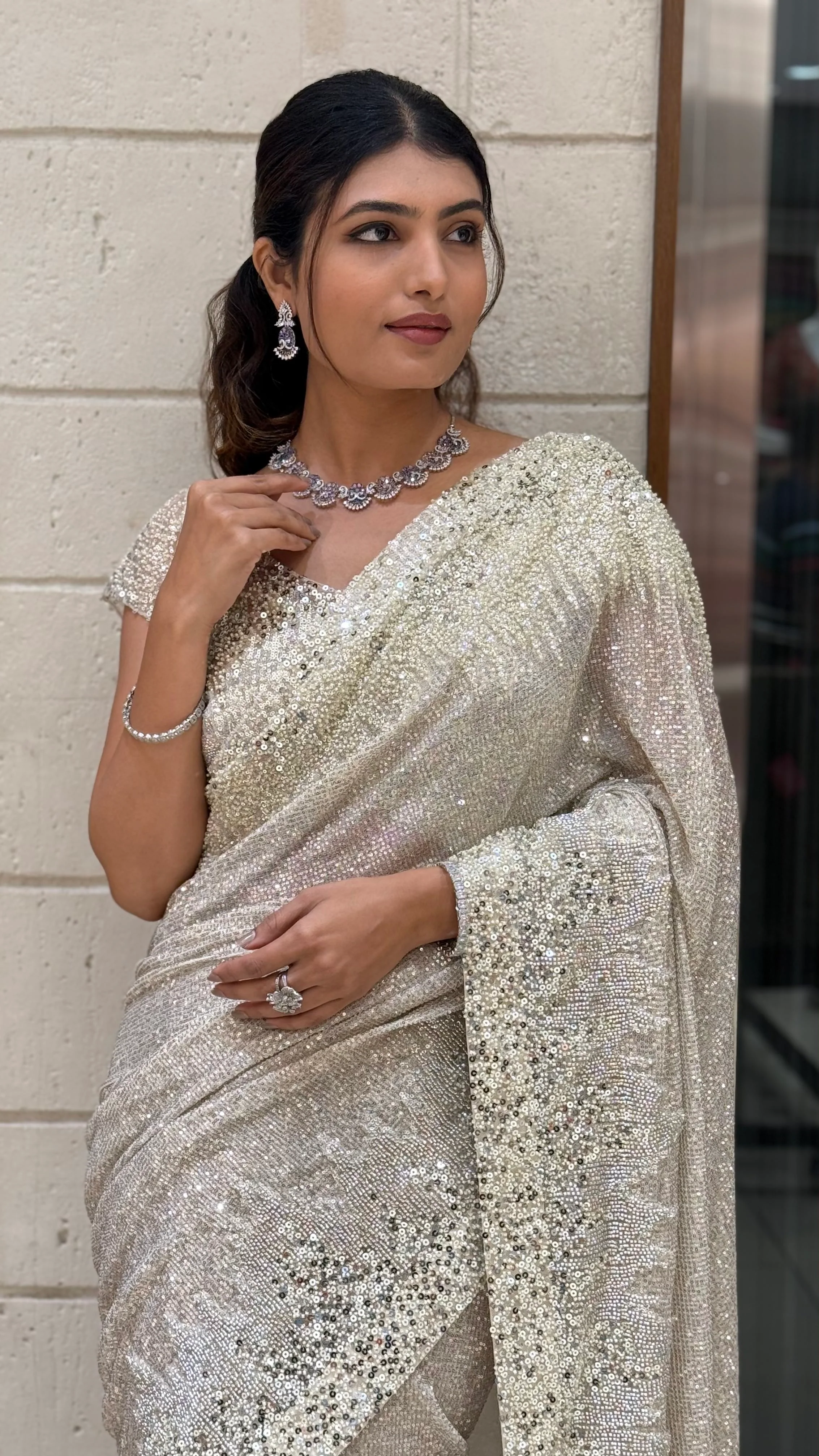 Silver Designer Sequin Saree with Heavy Embellished Blouse - Image 3