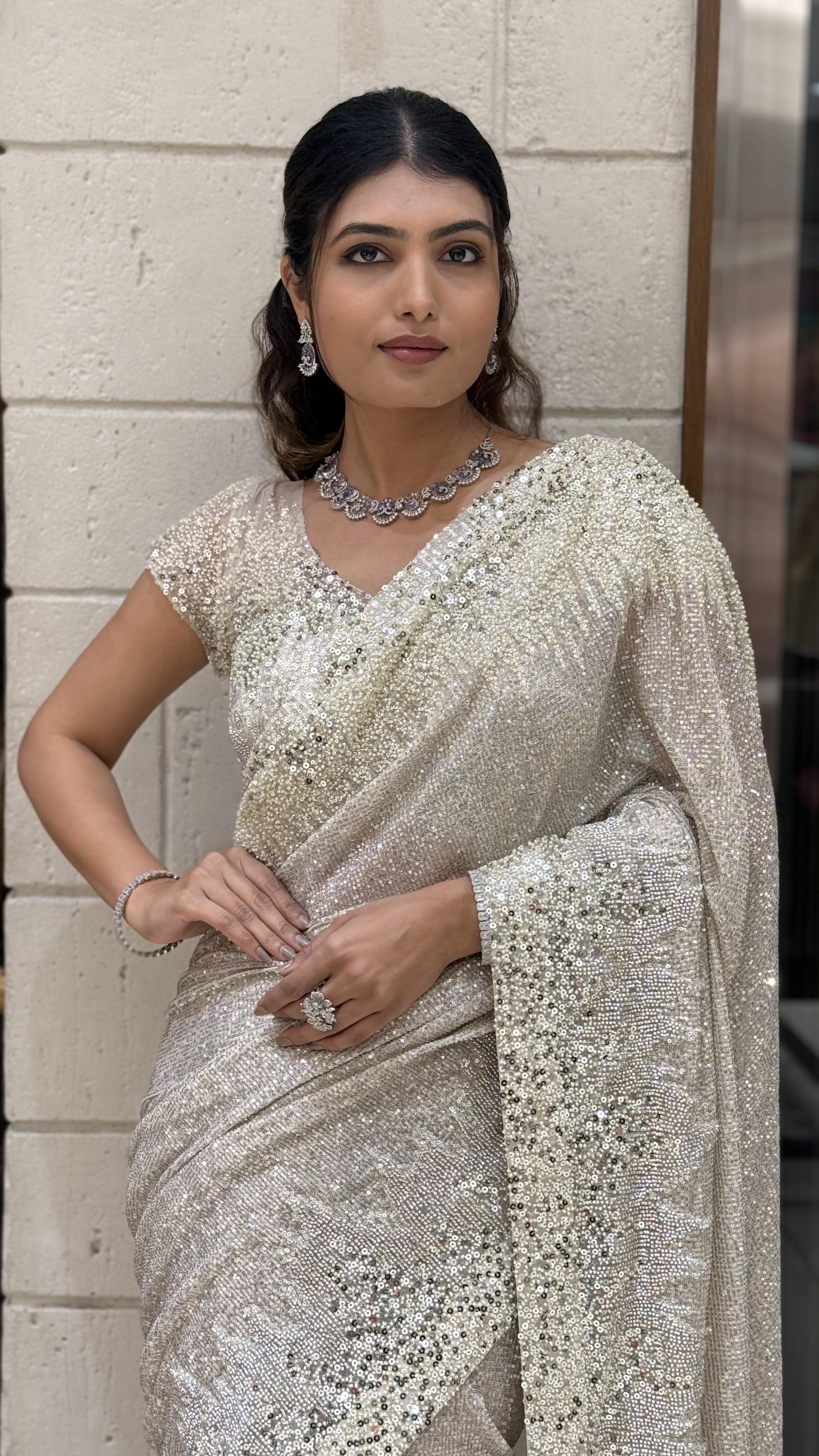 Silver Designer Sequin Saree with Heavy Embellished Blouse - Image 4