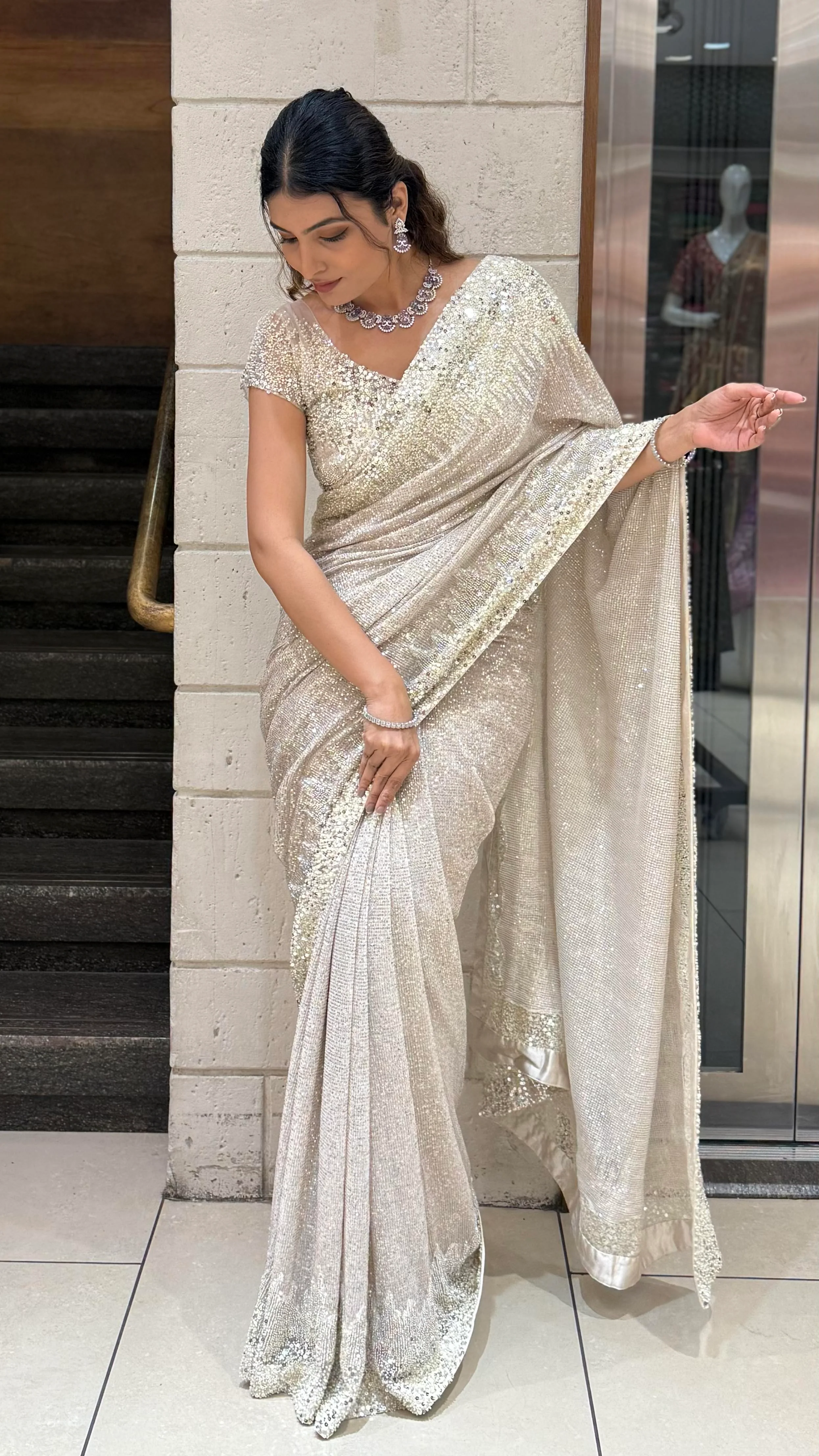 Silver Designer Sequin Saree with Heavy Embellished Blouse - Image 5
