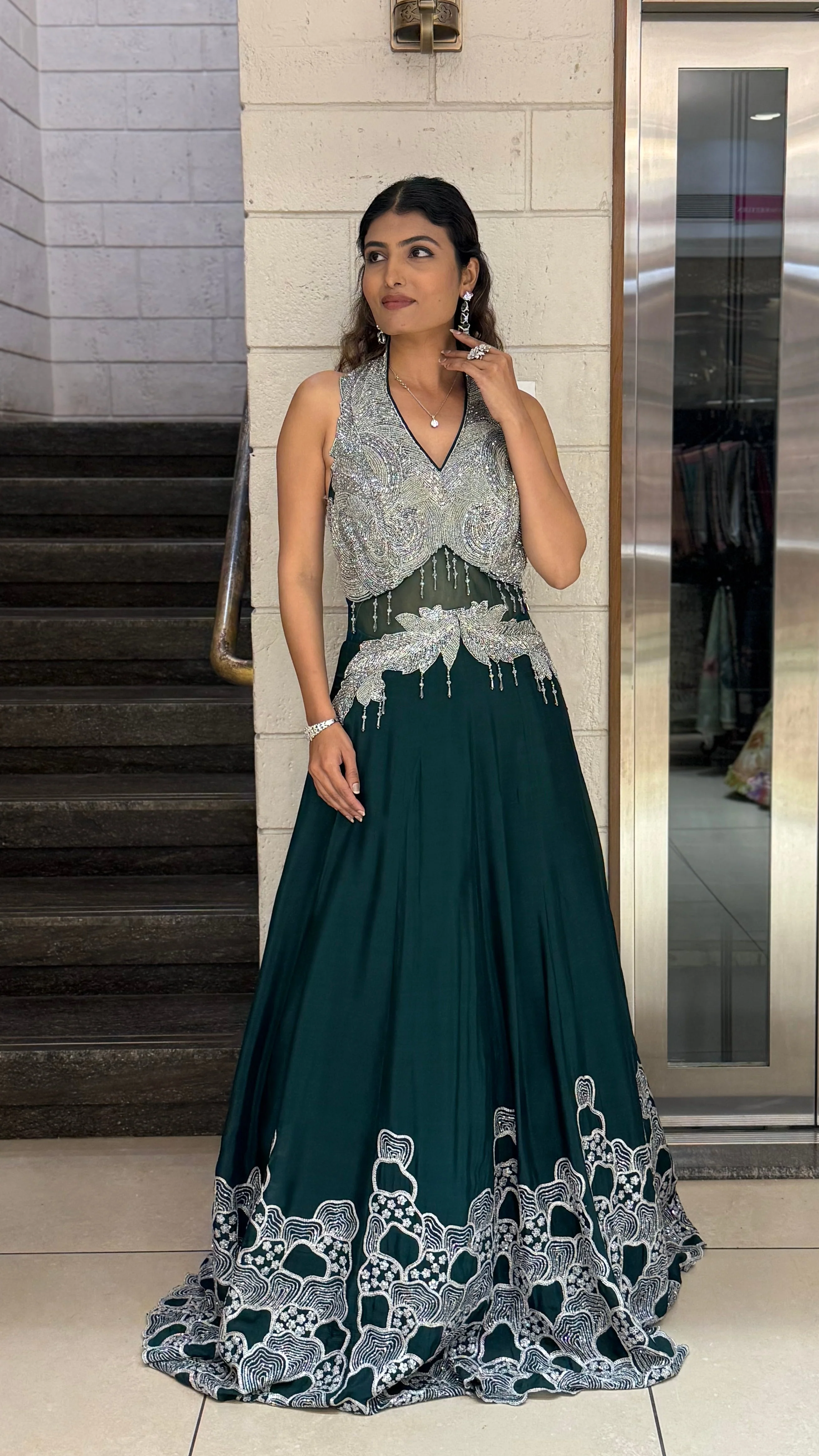 Silver Embellished Halter-Neck Designer Evening Gown - Image 10