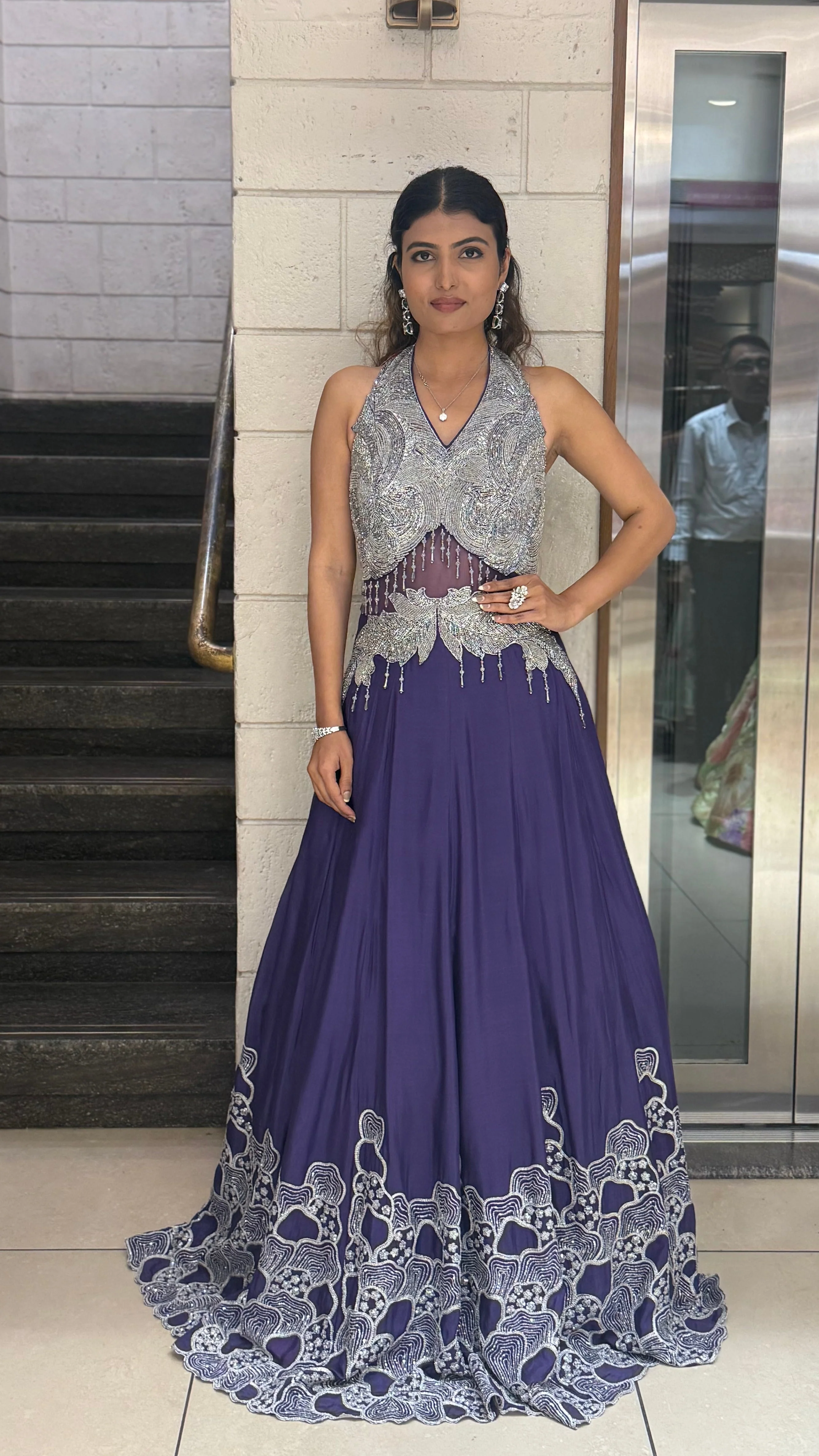 Silver Embellished Halter-Neck Designer Evening Gown - Image 11