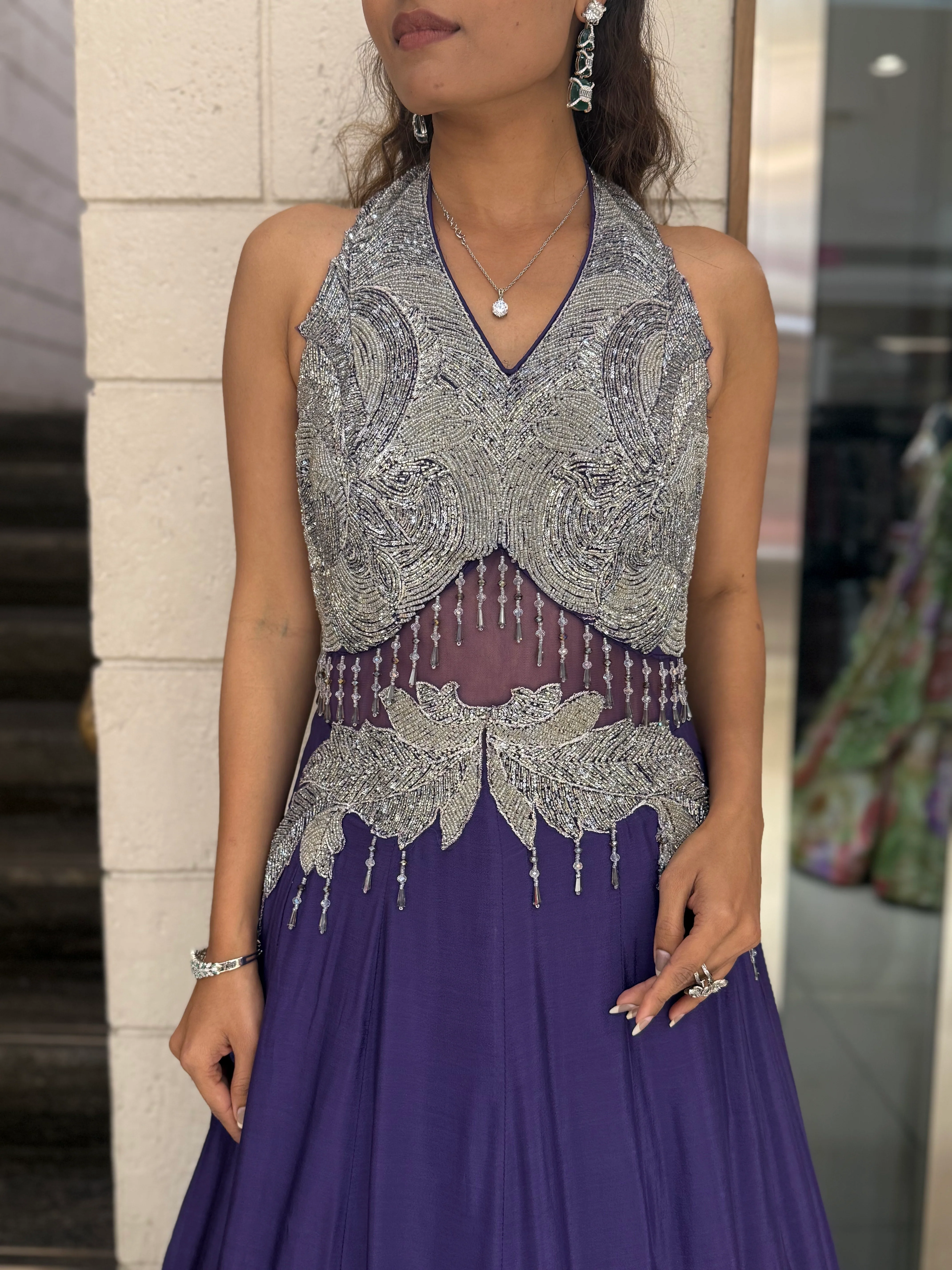 Silver Embellished Halter-Neck Designer Evening Gown - Image 12